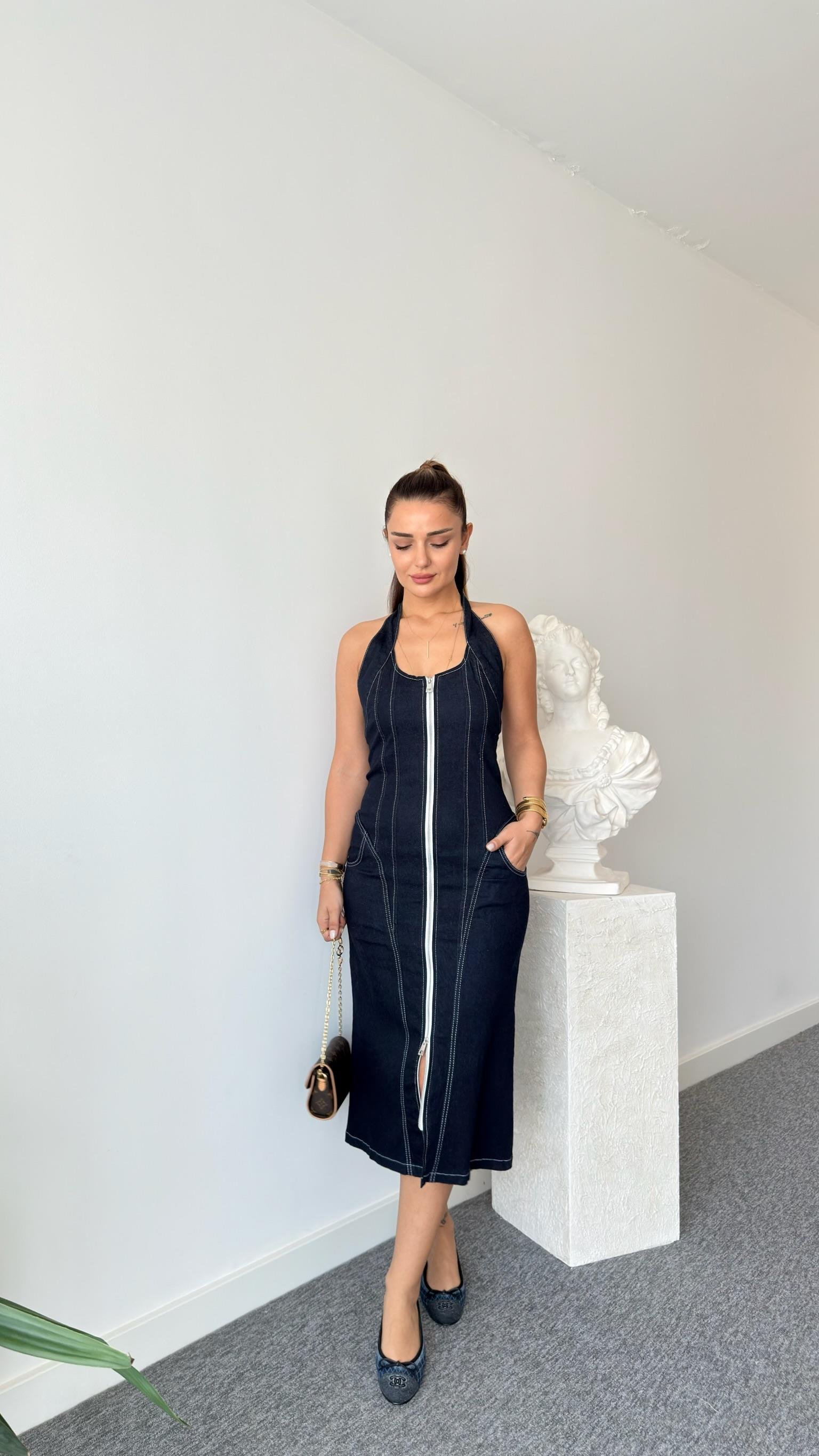 Reyes Marka Model Fermuarlı Lacivert Jean Elbise 