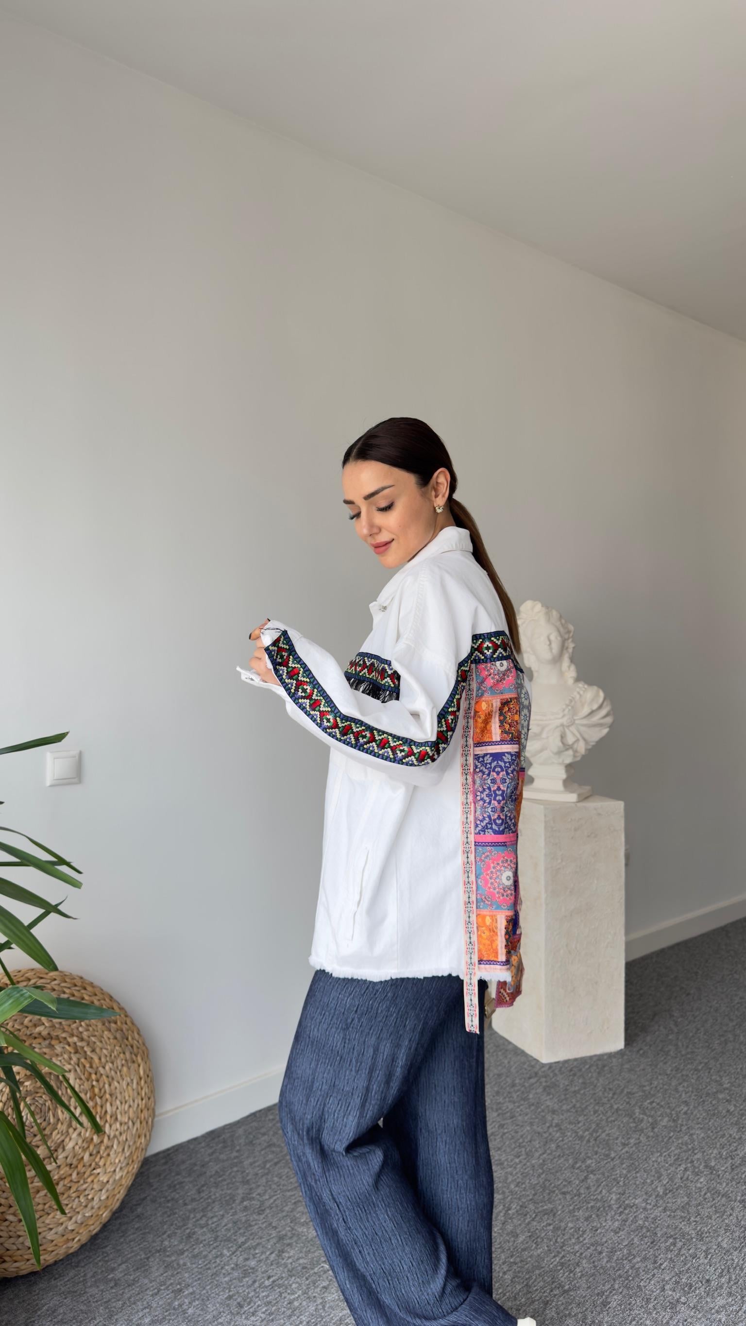 Patchwork Beyaz Jean Ceket