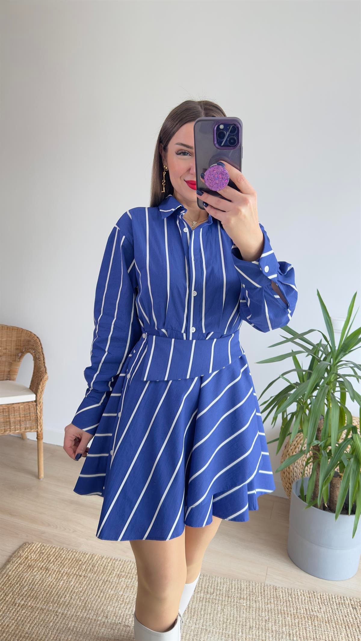 Tasarım Çizgili Poplin Elbise 