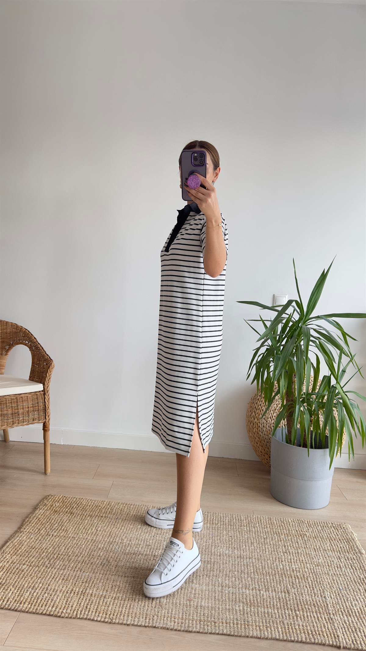 Çizgili Polo Yaka Basic Elbise