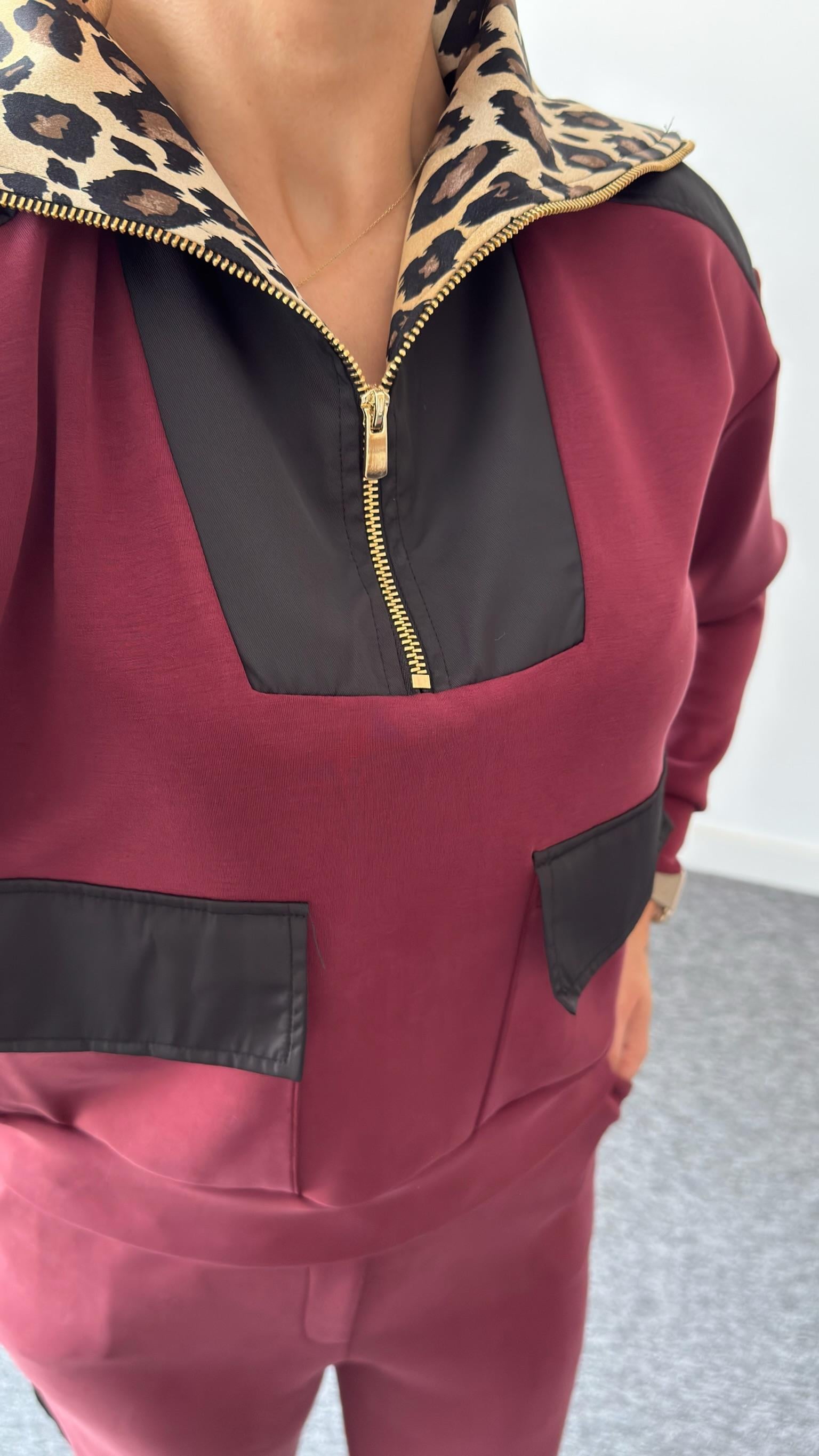 Bordo Premium Leopar Detaylı Modal Takım