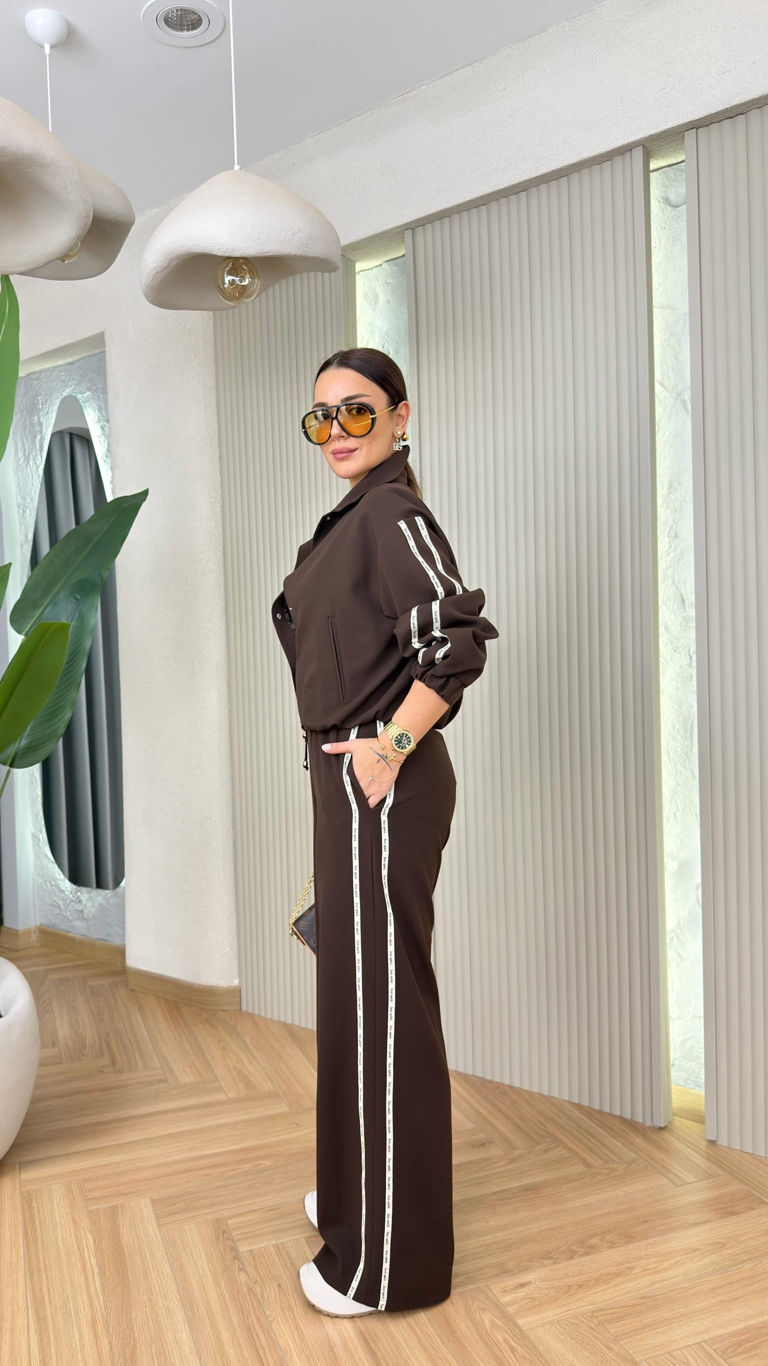 Kahve Zelka Şerit Detaylı Astarlı Ceket
