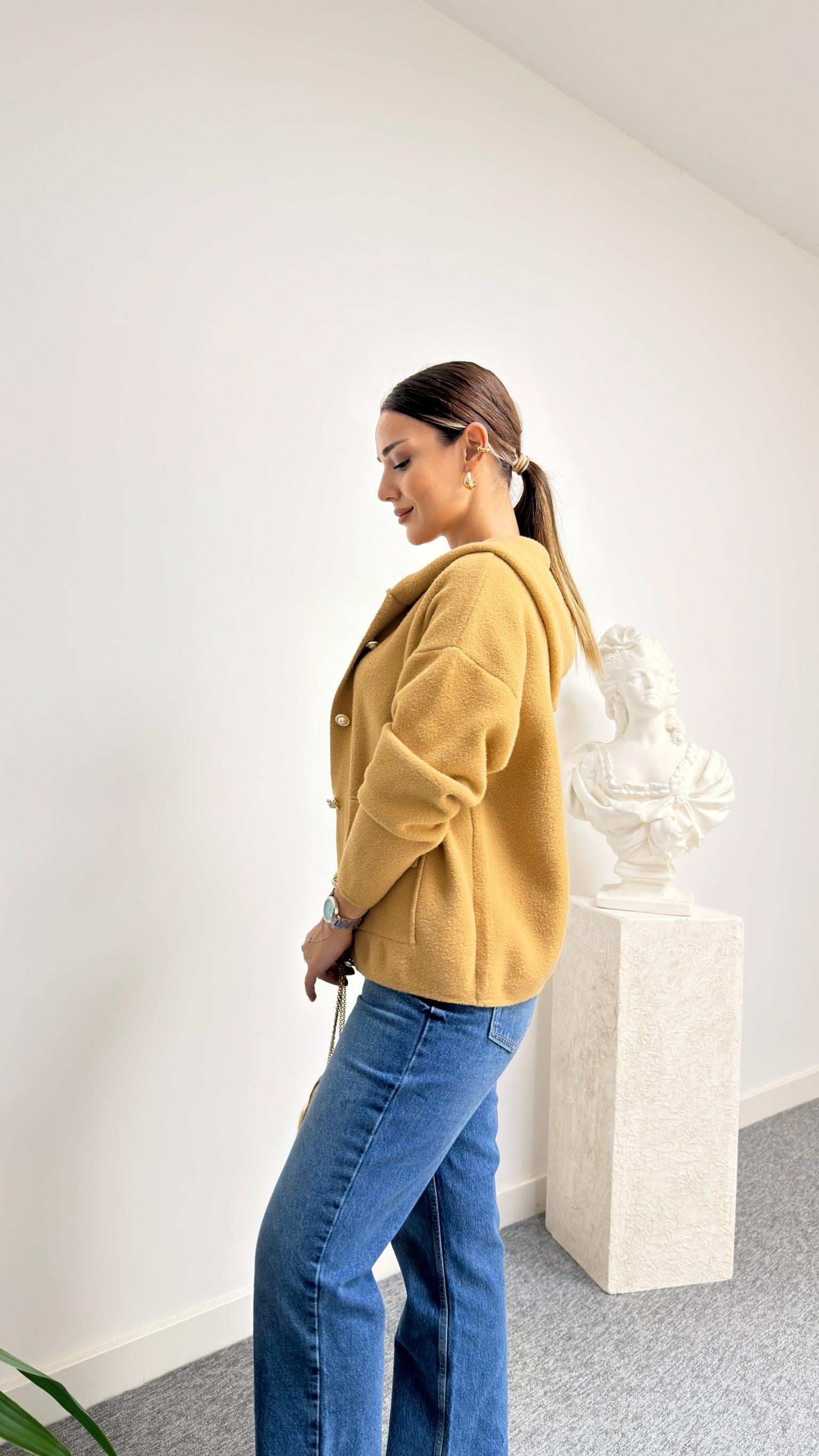 Yera Camel İnci Düğme Detaylı Triko Hırka