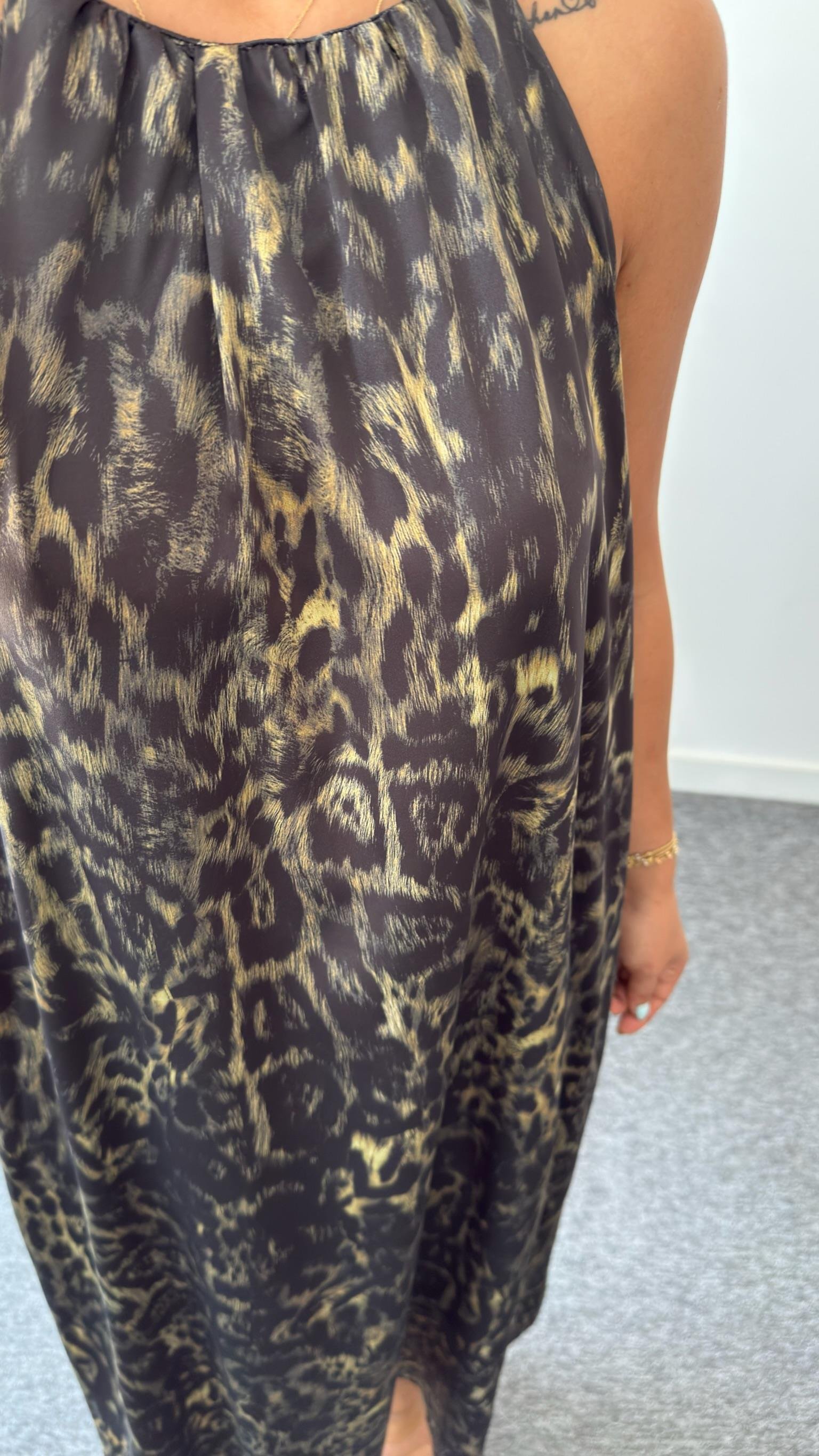Saten Halter Yaka Leopar Desenli Elbise 