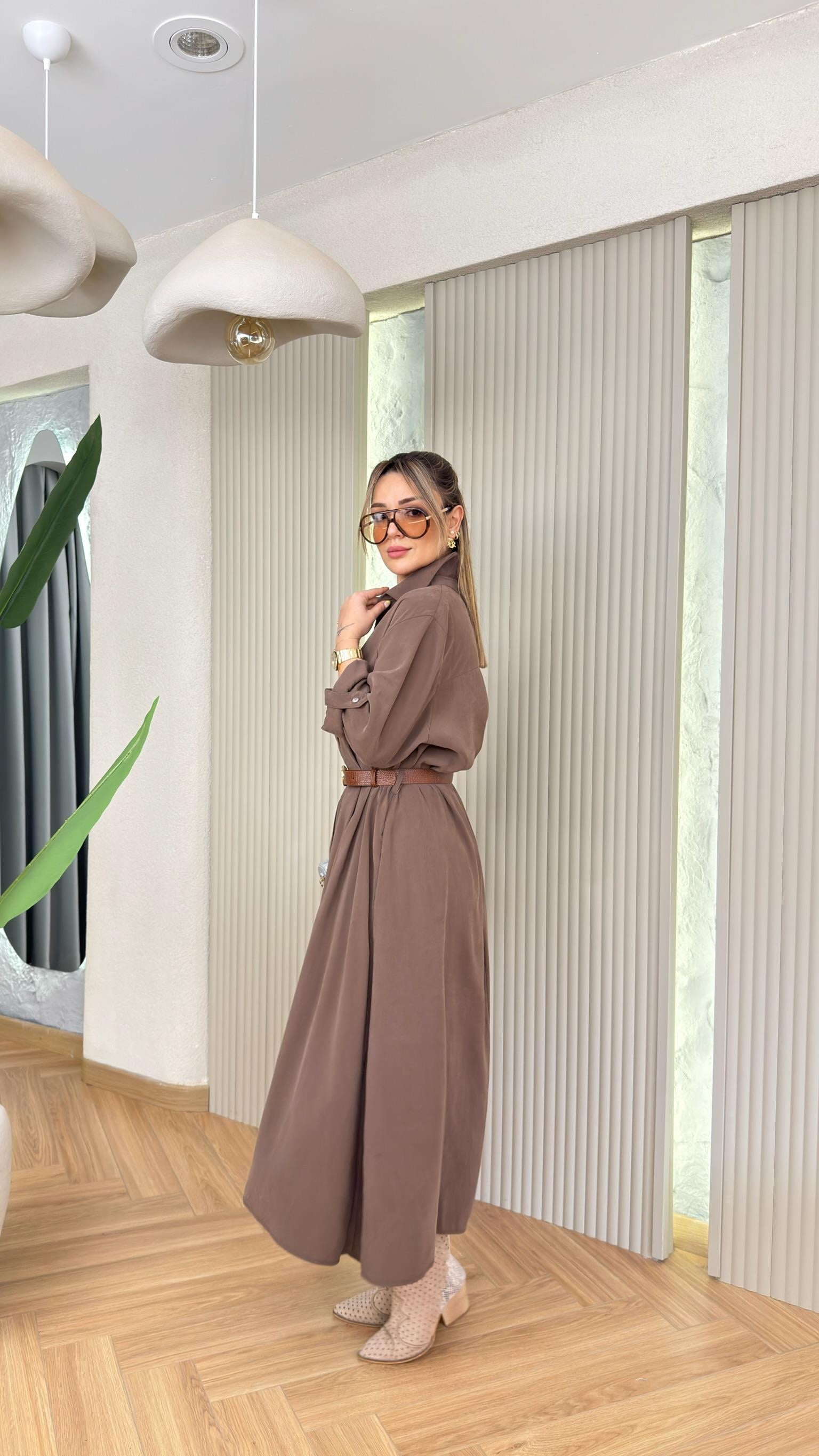 Kahve Vesra Deri Kemer Detaylı Salaş Tensel Elbise