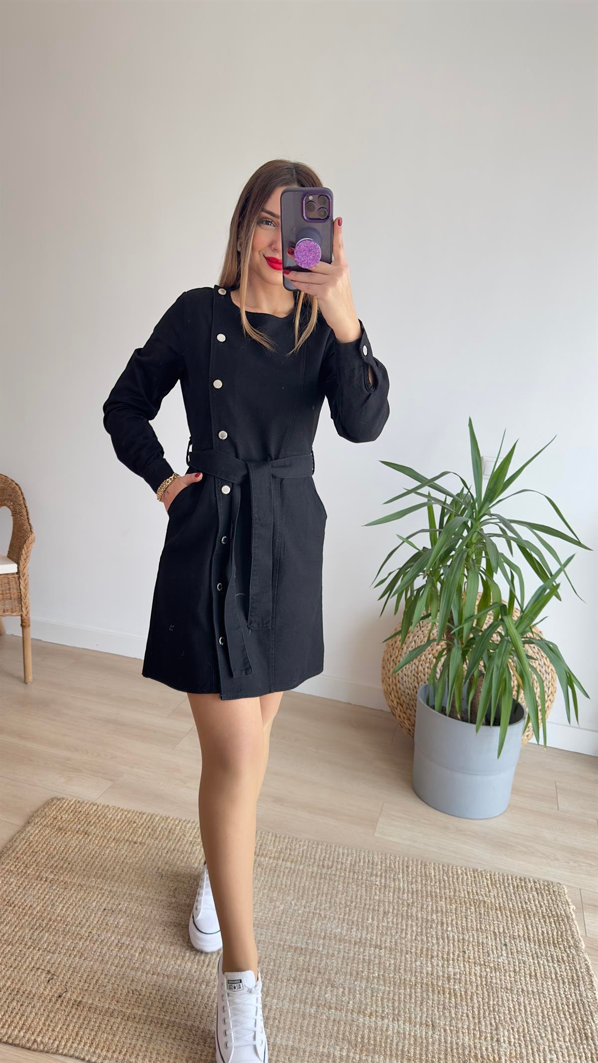 Düğmeli Siyah Denim Elbise
