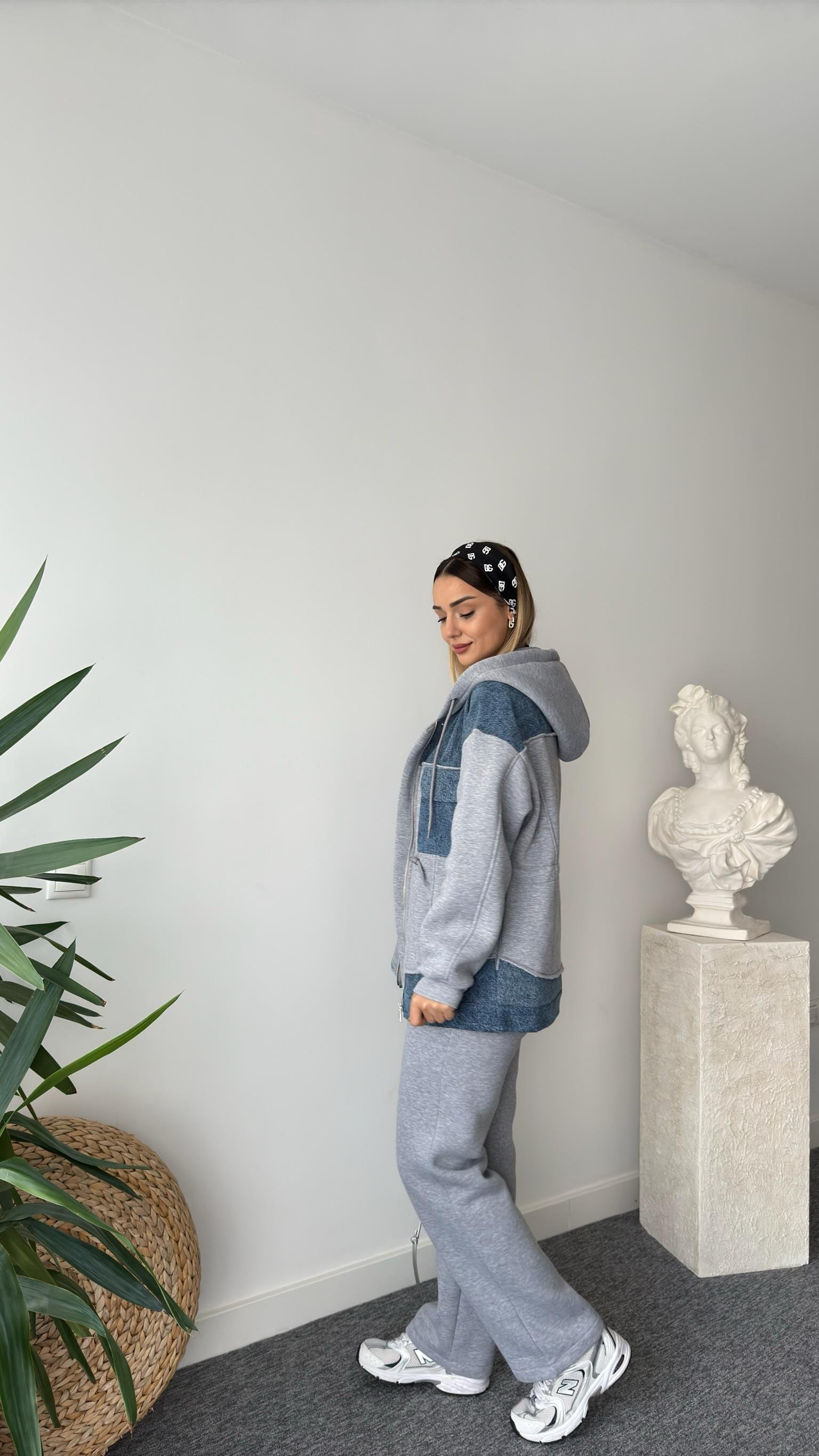 Mers Kot Garnili Şardonlu Gri Eşofman Takımı