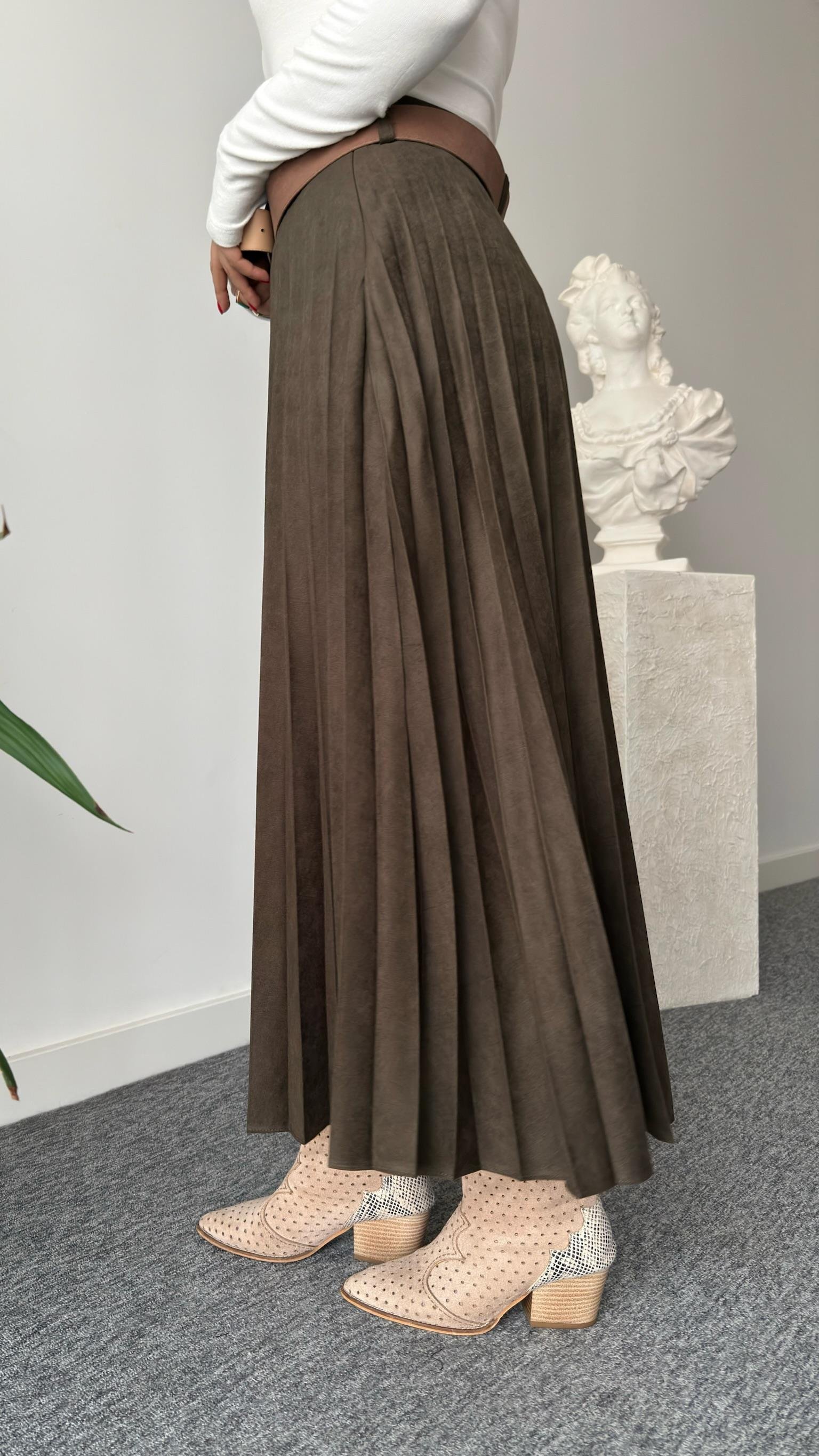 Haki Nole Zra Model Piliseli Süet Etek