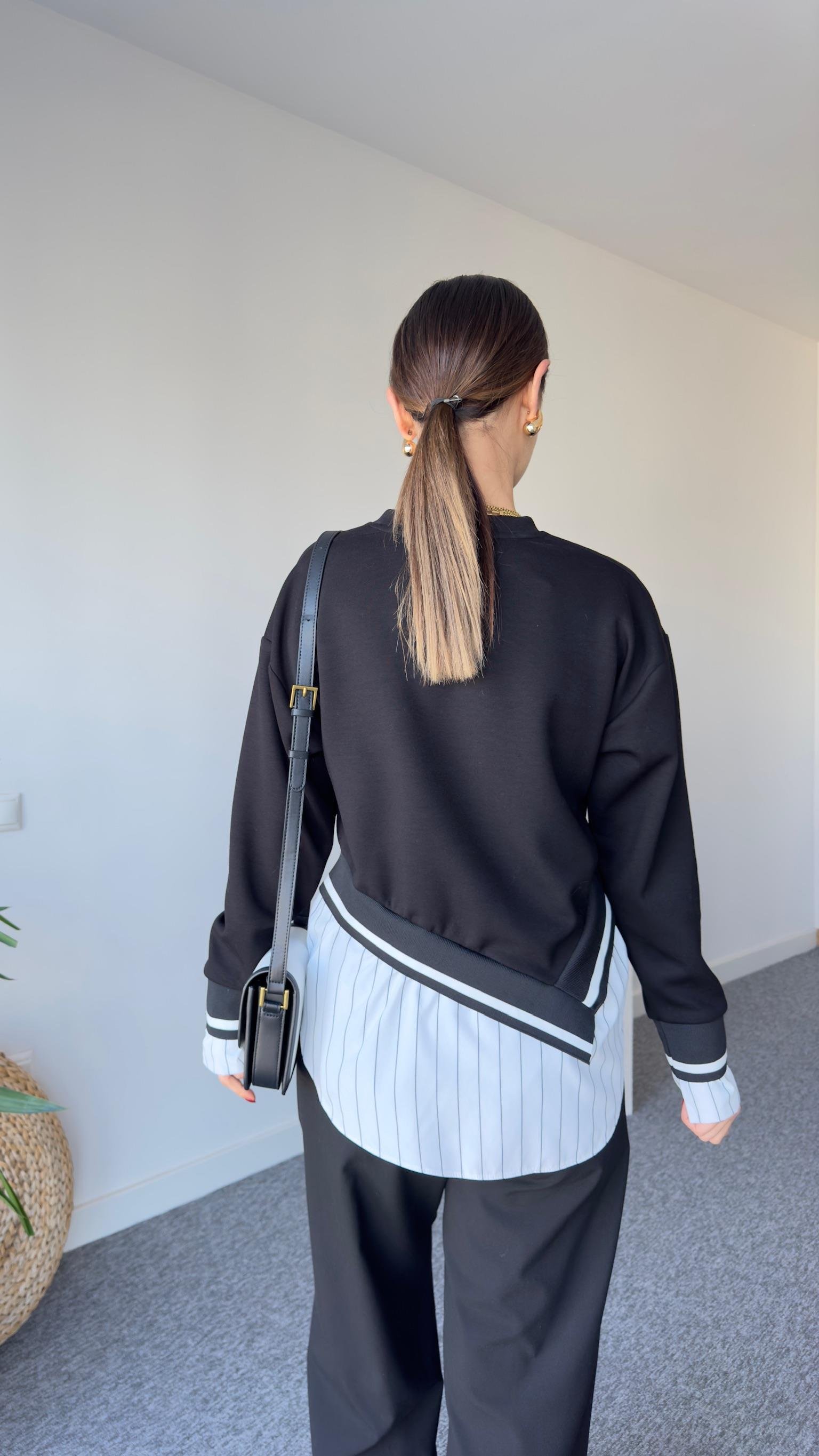 Asimetrik Ribanalı Çizgili Gömlek Detay Modal Sweat