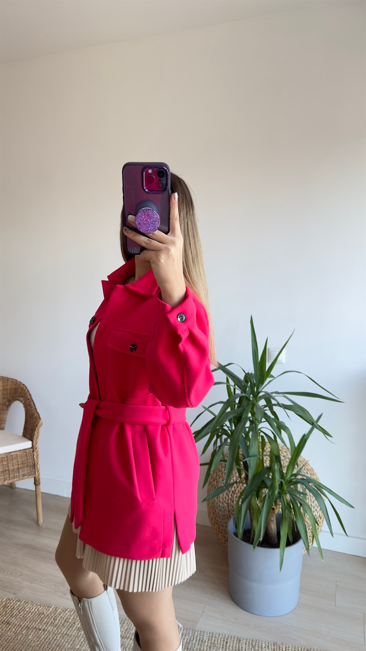 Kuşaklı Pembe Kaşe Ceket 