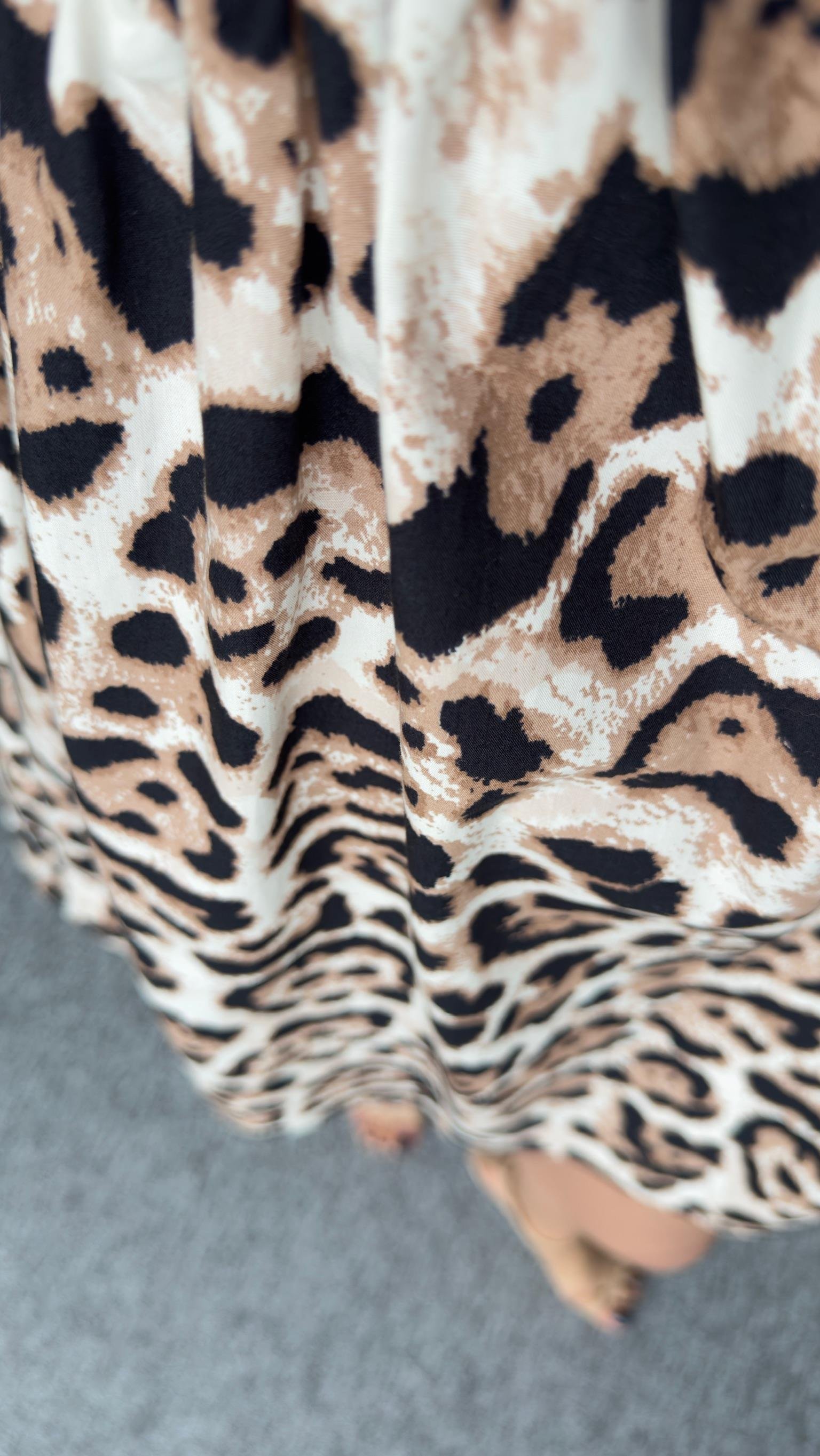 Balon Kol Önü Bağlamalı Leopar Desen Elbise