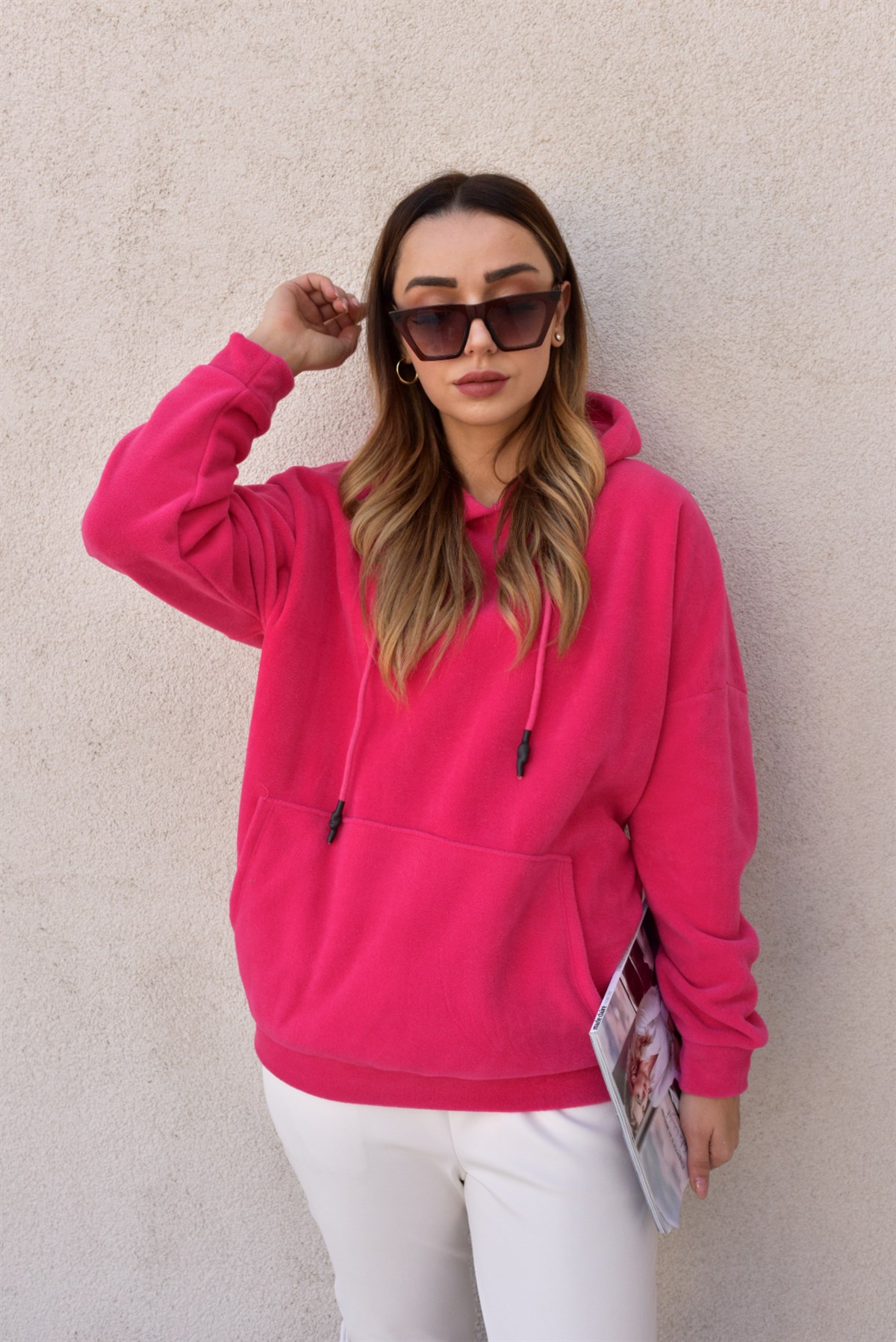 Fuşya Kapüşonlu Polar Sweat