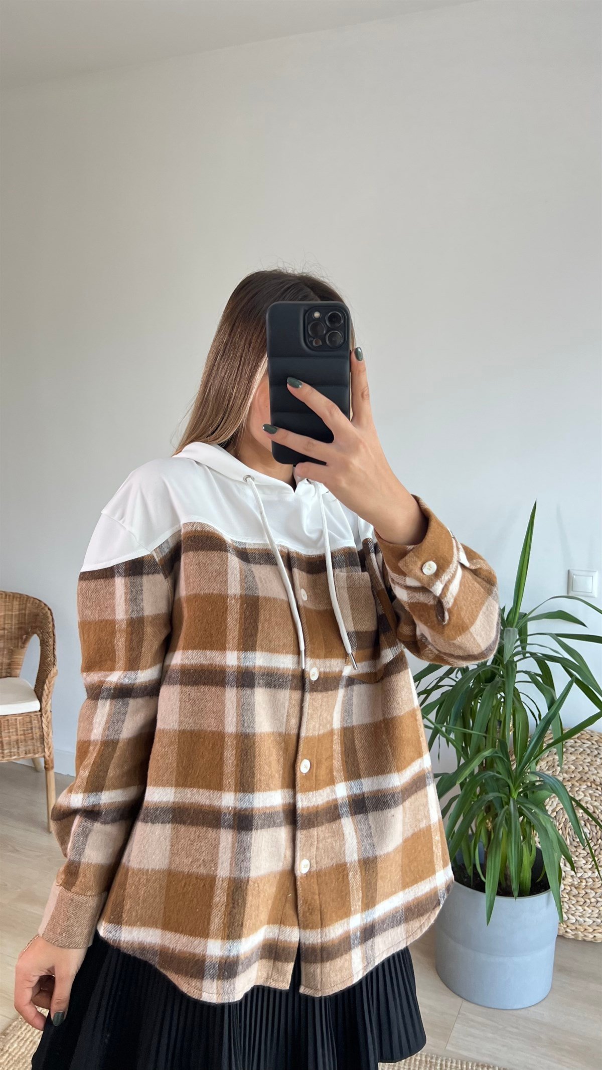 Bej Ekose Detay Kapüşonlu Sweatshirt