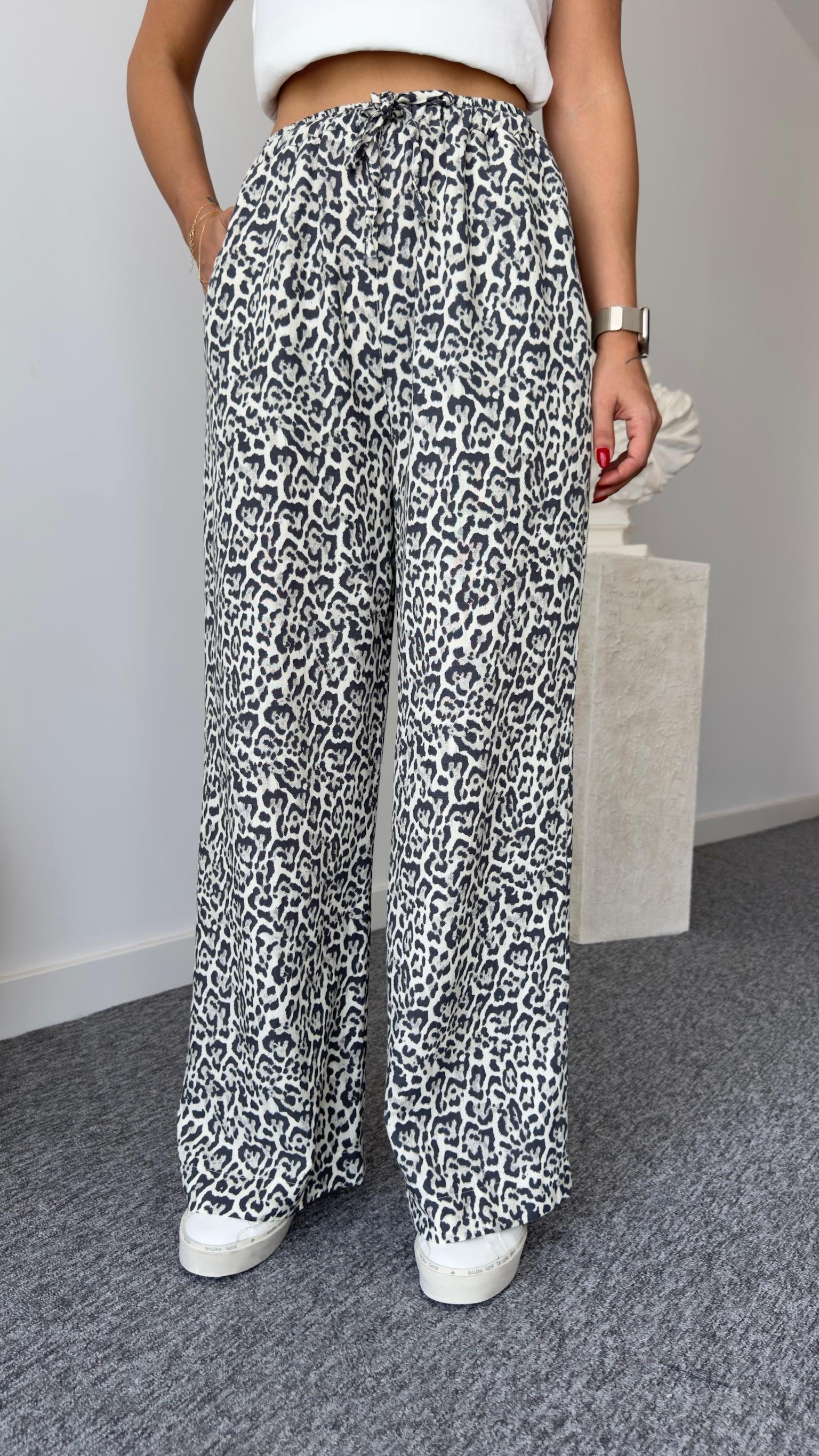 Bel Lastikli Keten Leopar Desen Pantolon