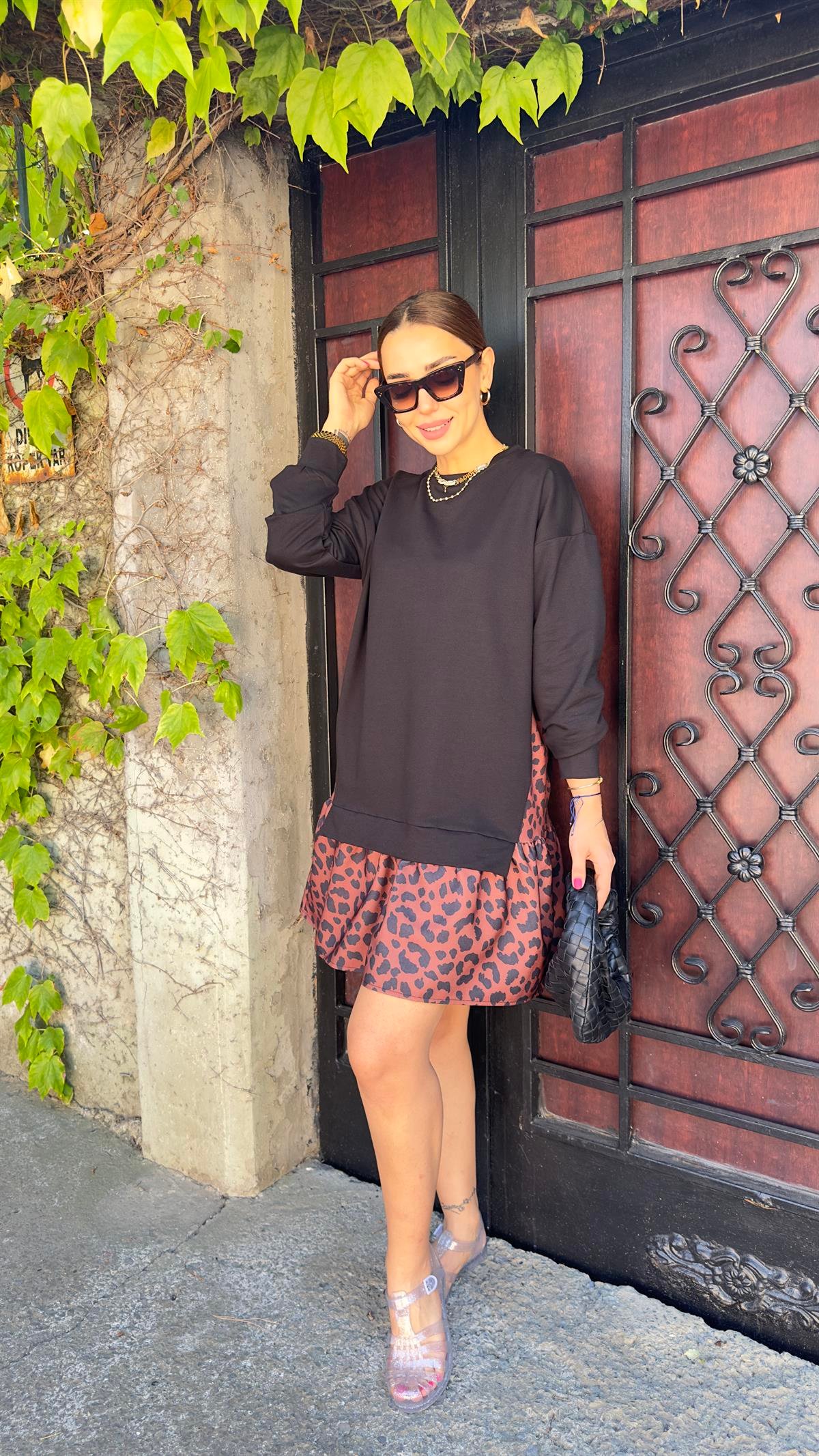 Leopar Detaylı Sweat Elbise