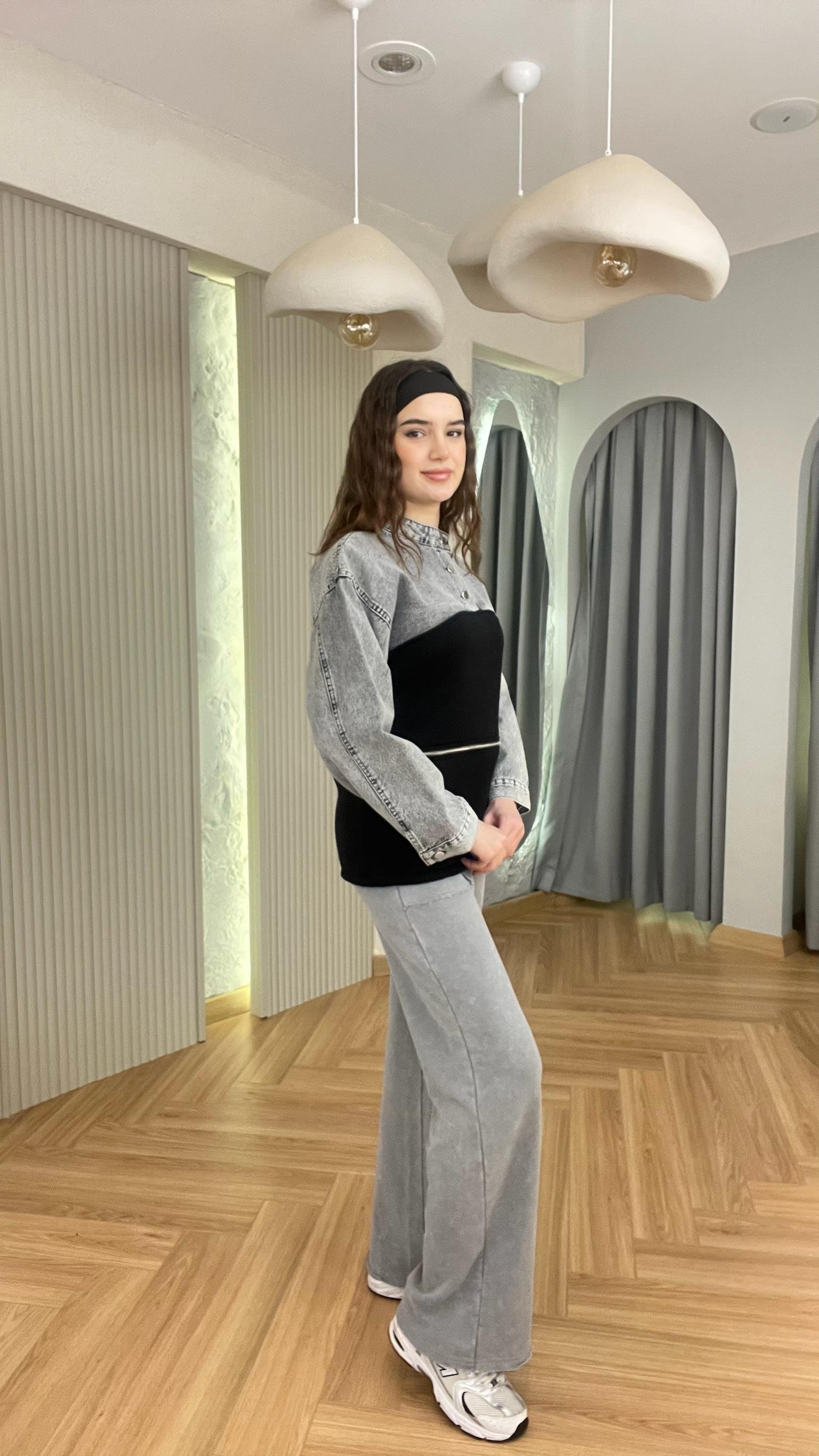 Gri Kot Garnili Fermuarlı Sweat
