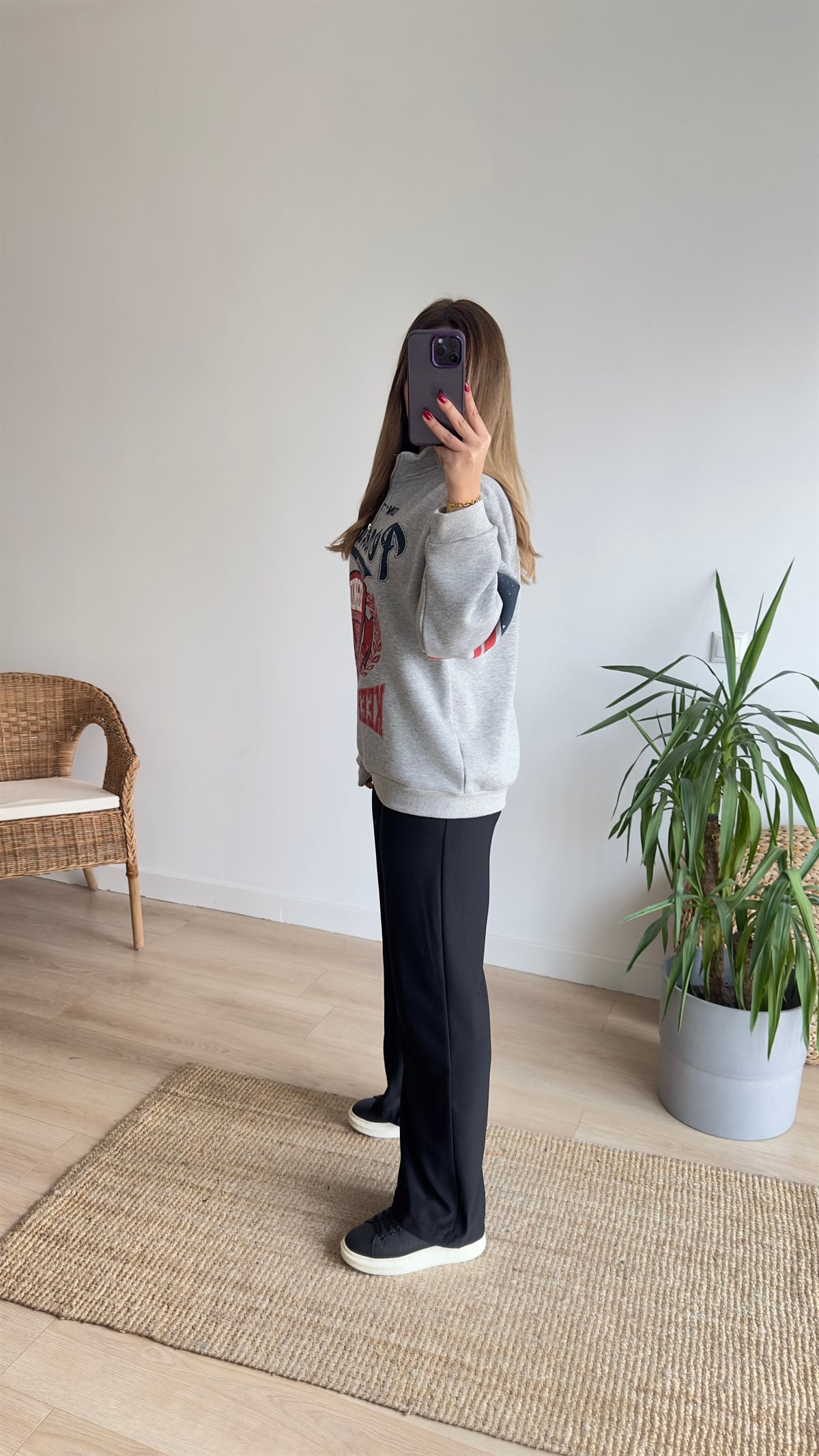 Yarım Fermuar Baskılı Gri Sweat