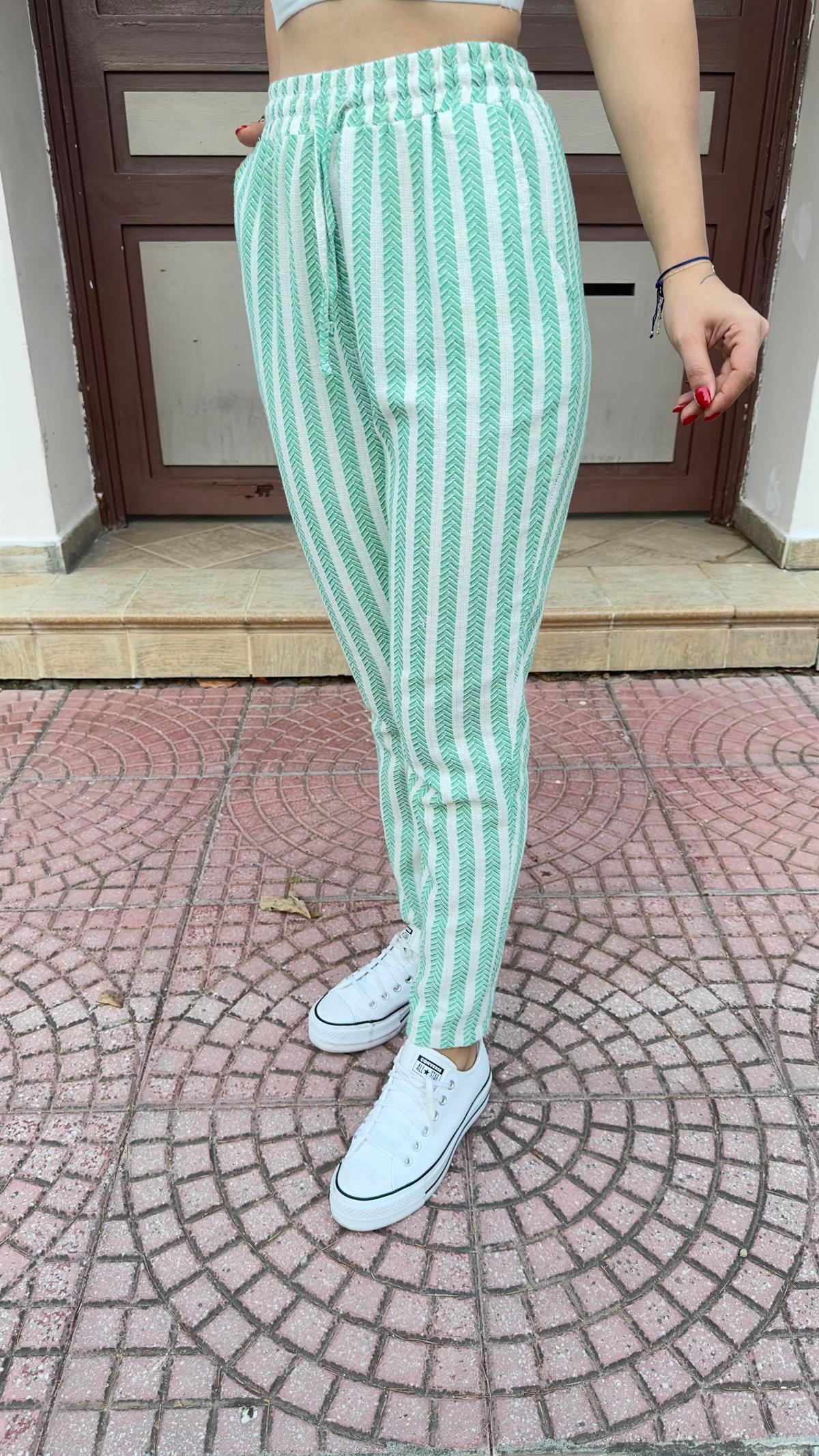 Yeşil Şeritli Örme Pantolon