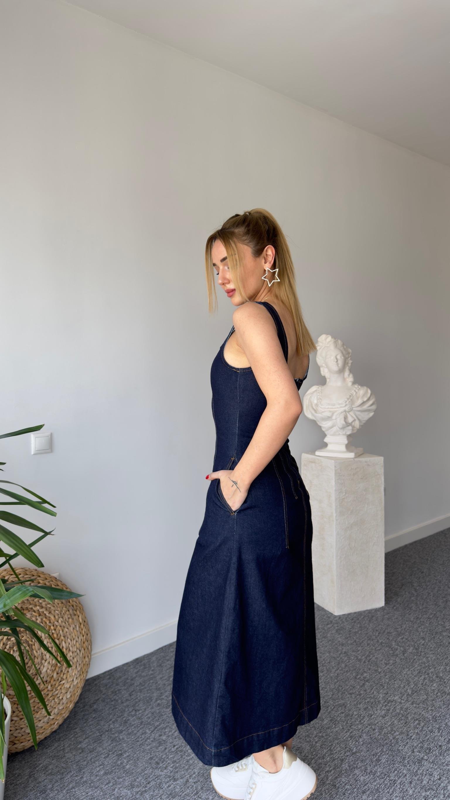 Siento Askılı Lacivert Denim Elbise