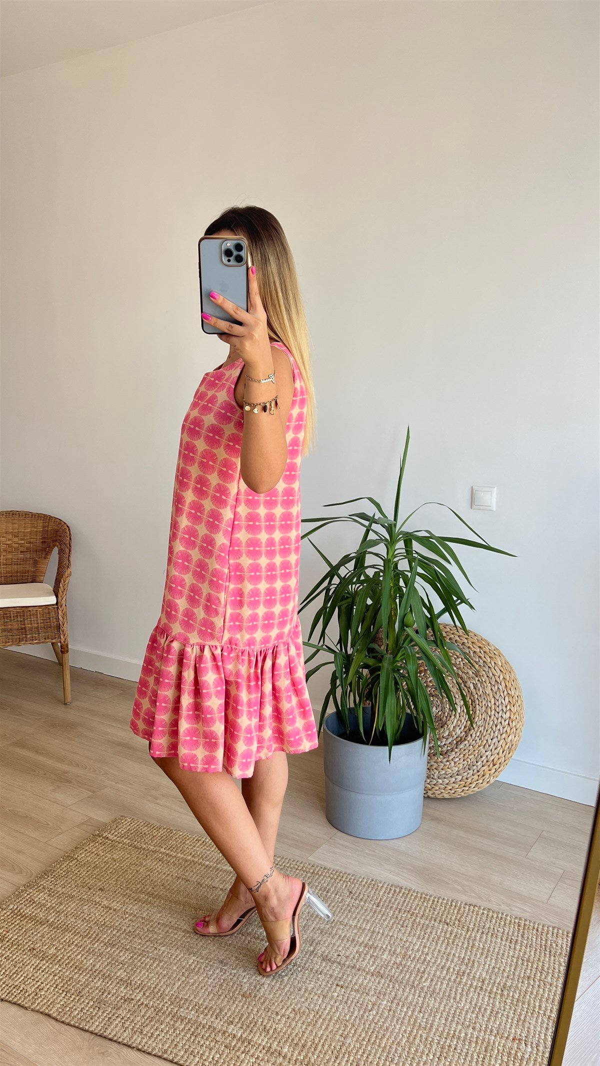 Pembe Desenli Cepli Keten Elbise