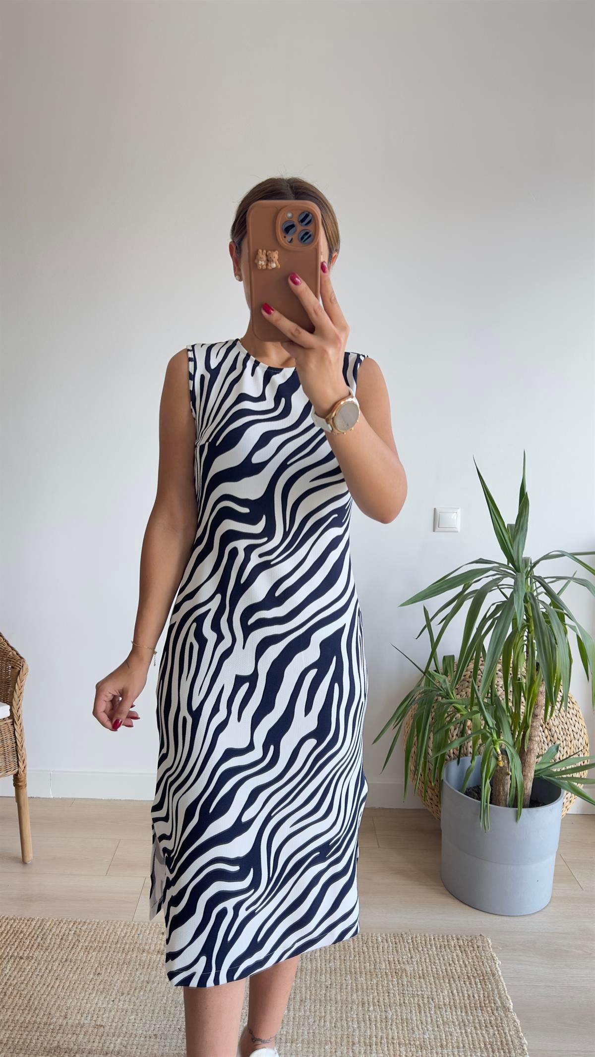 Teul Lacivert Zebra Desenli Elbise