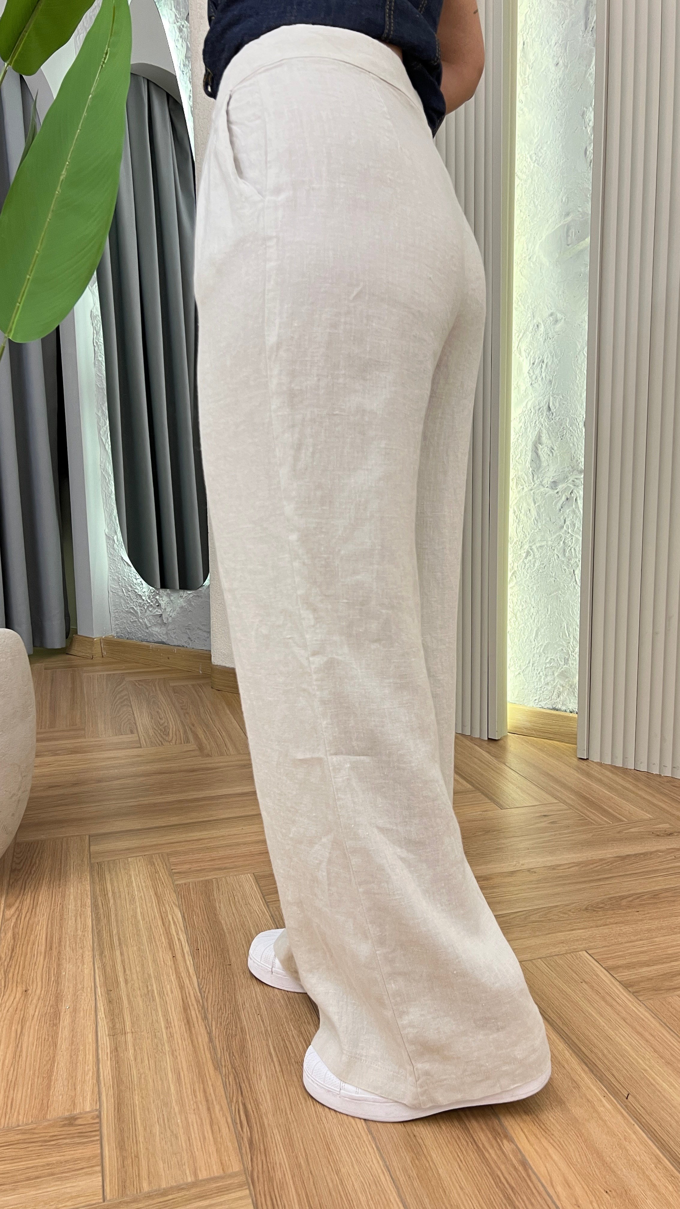 Bej Ham Keten Bol Paça Pantolon