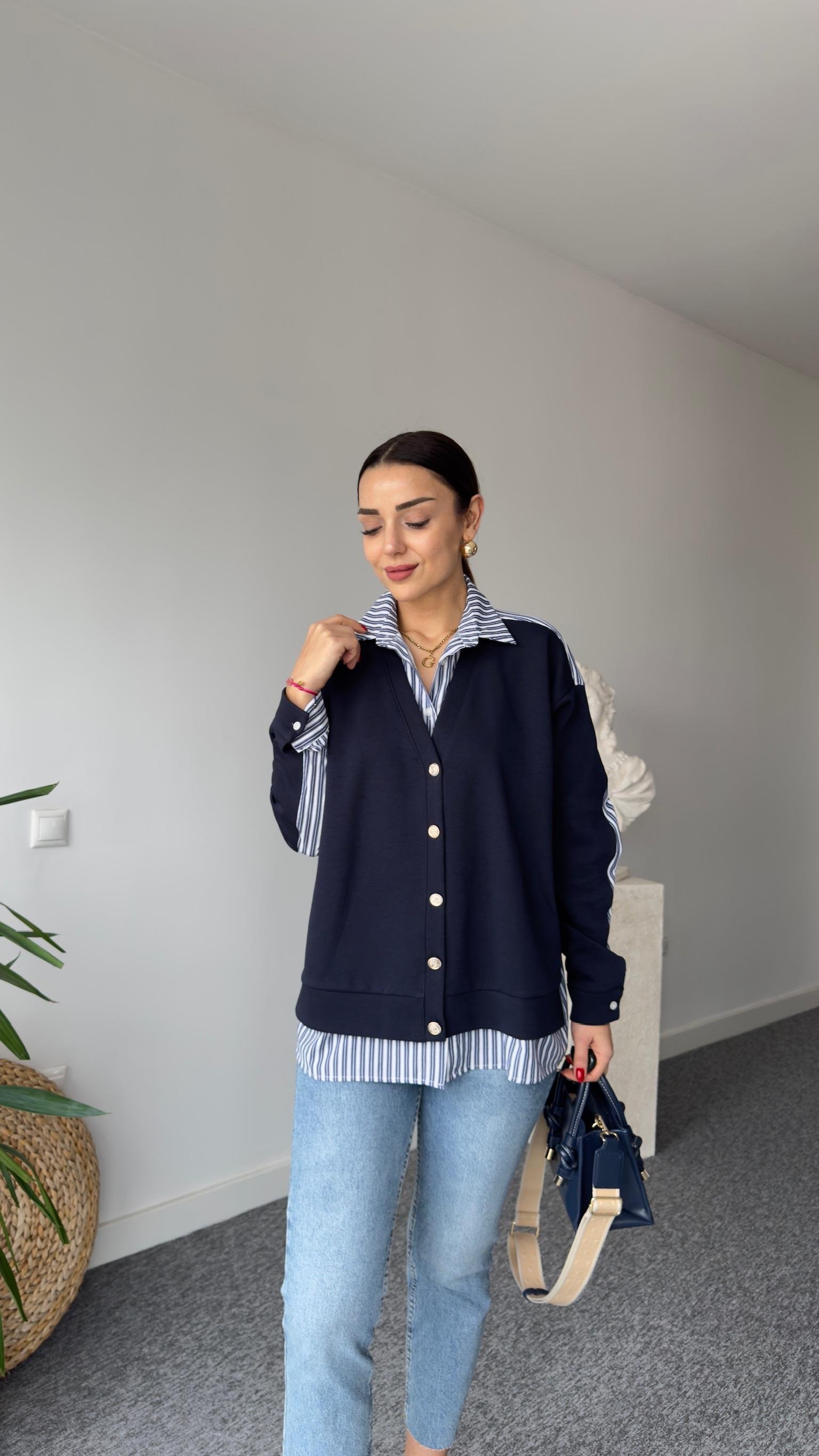Lacivert Poplin Gömlek Detaylı Sweat Hırka