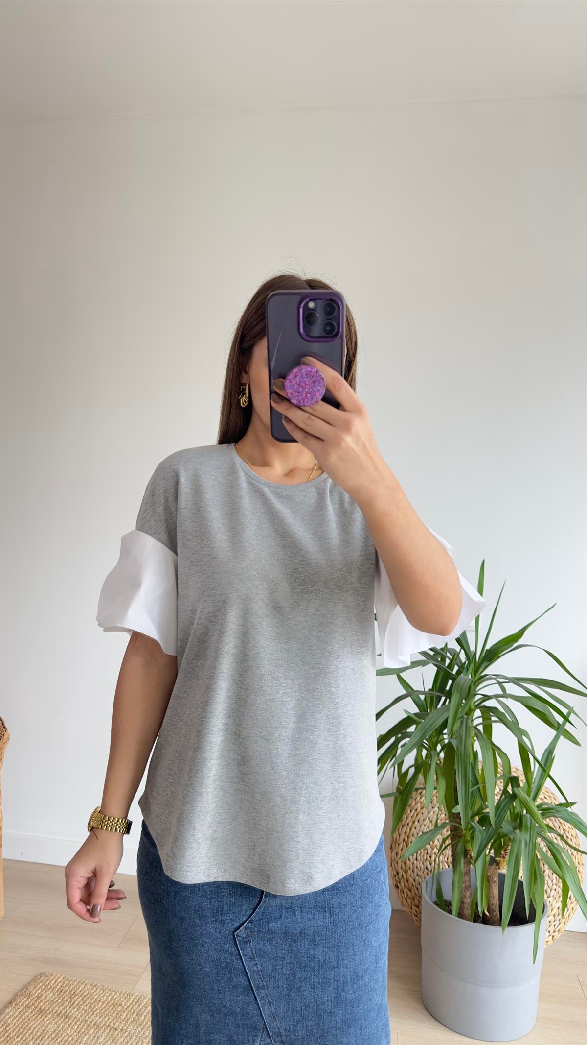 Kolları Poplin Gri Basic Tshirt