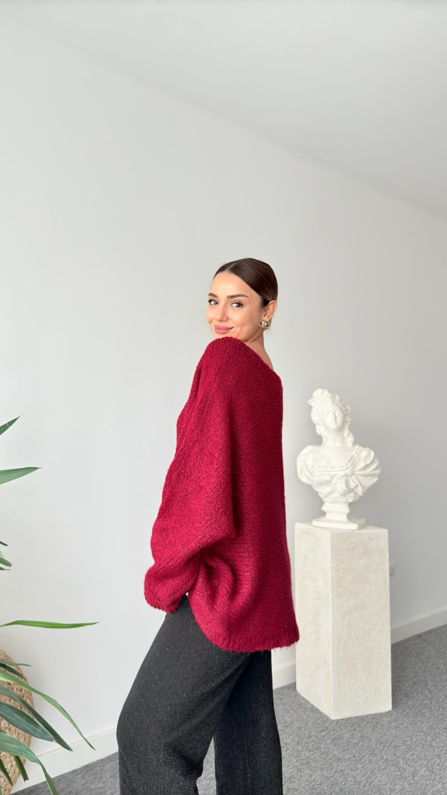 Bordo Kolları Katlamalı V Yaka Kazak