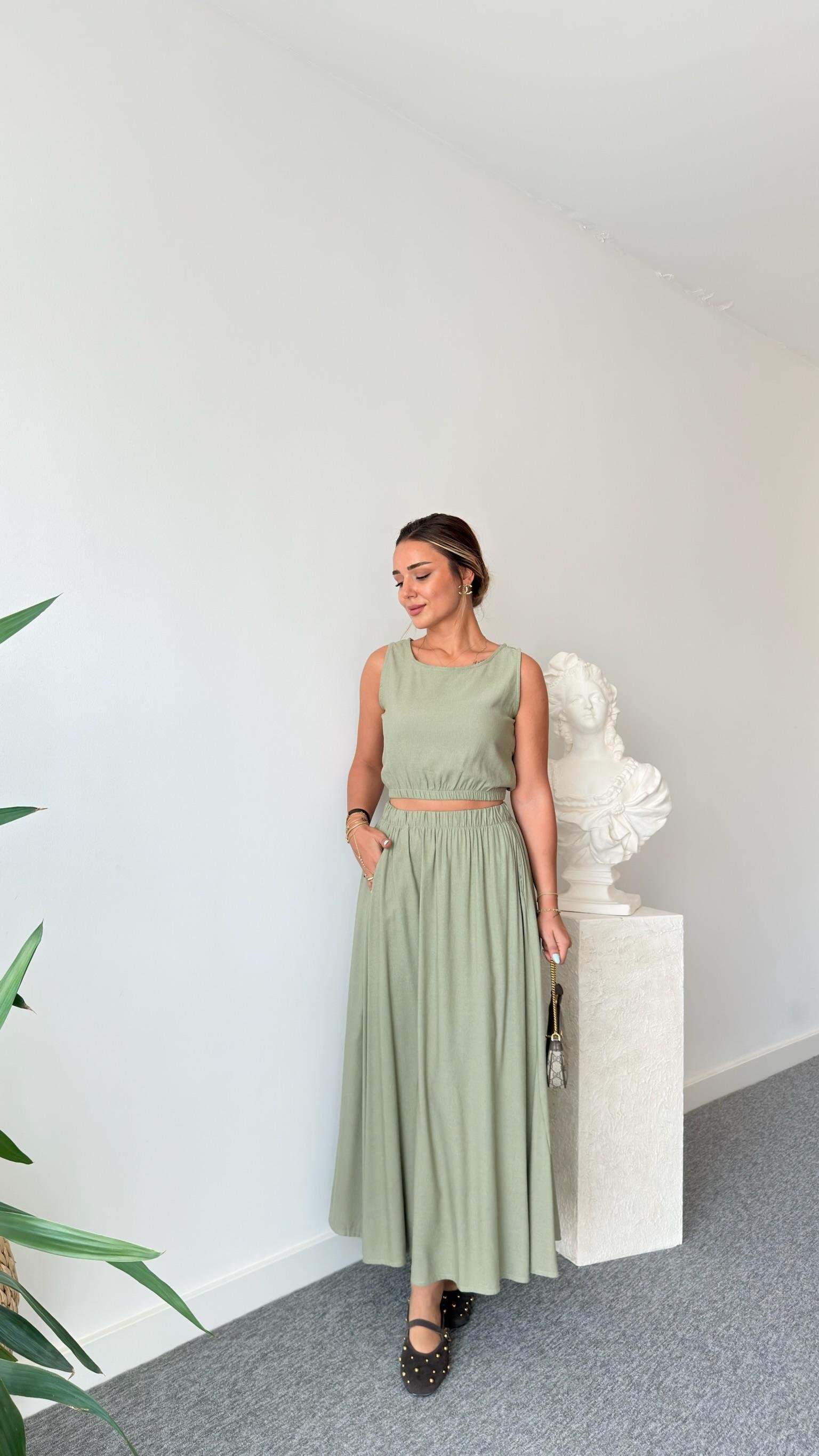 Mint Keten Etekli Crop Takım