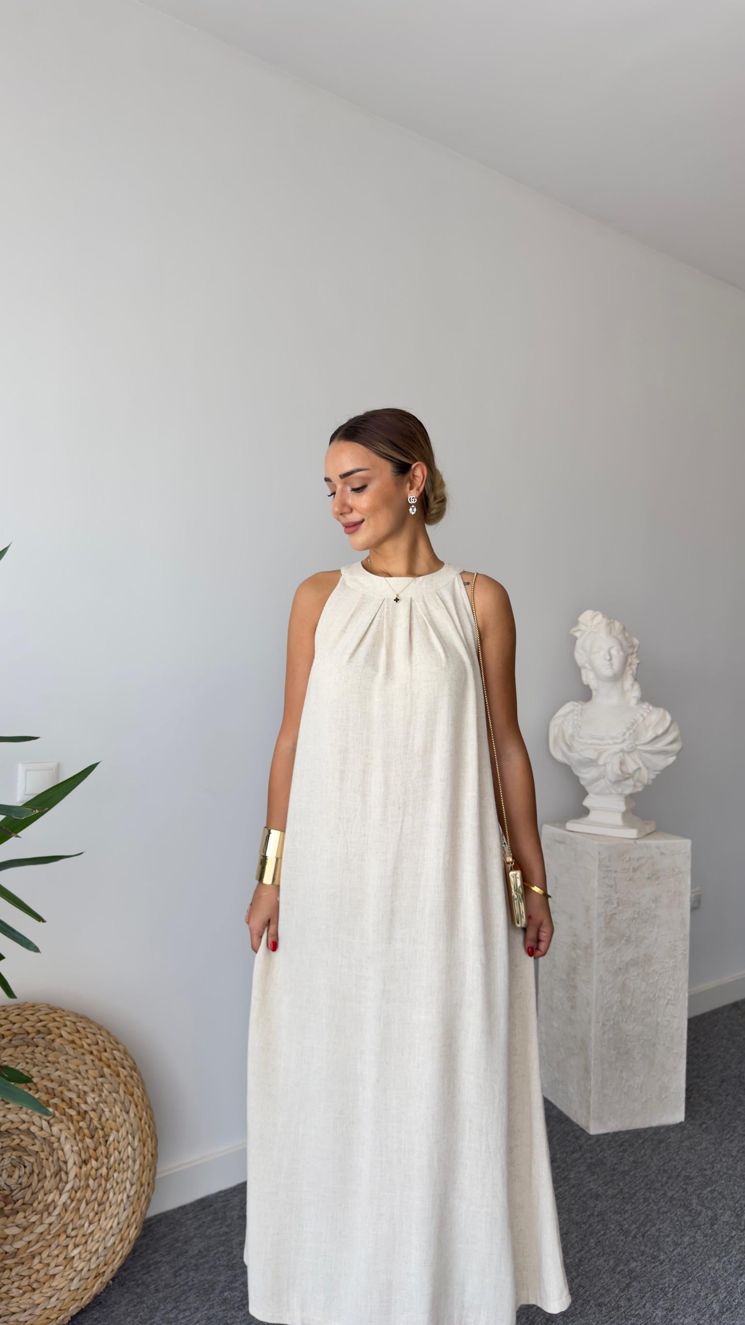 Maxi Boy Naturel Keten Elbise