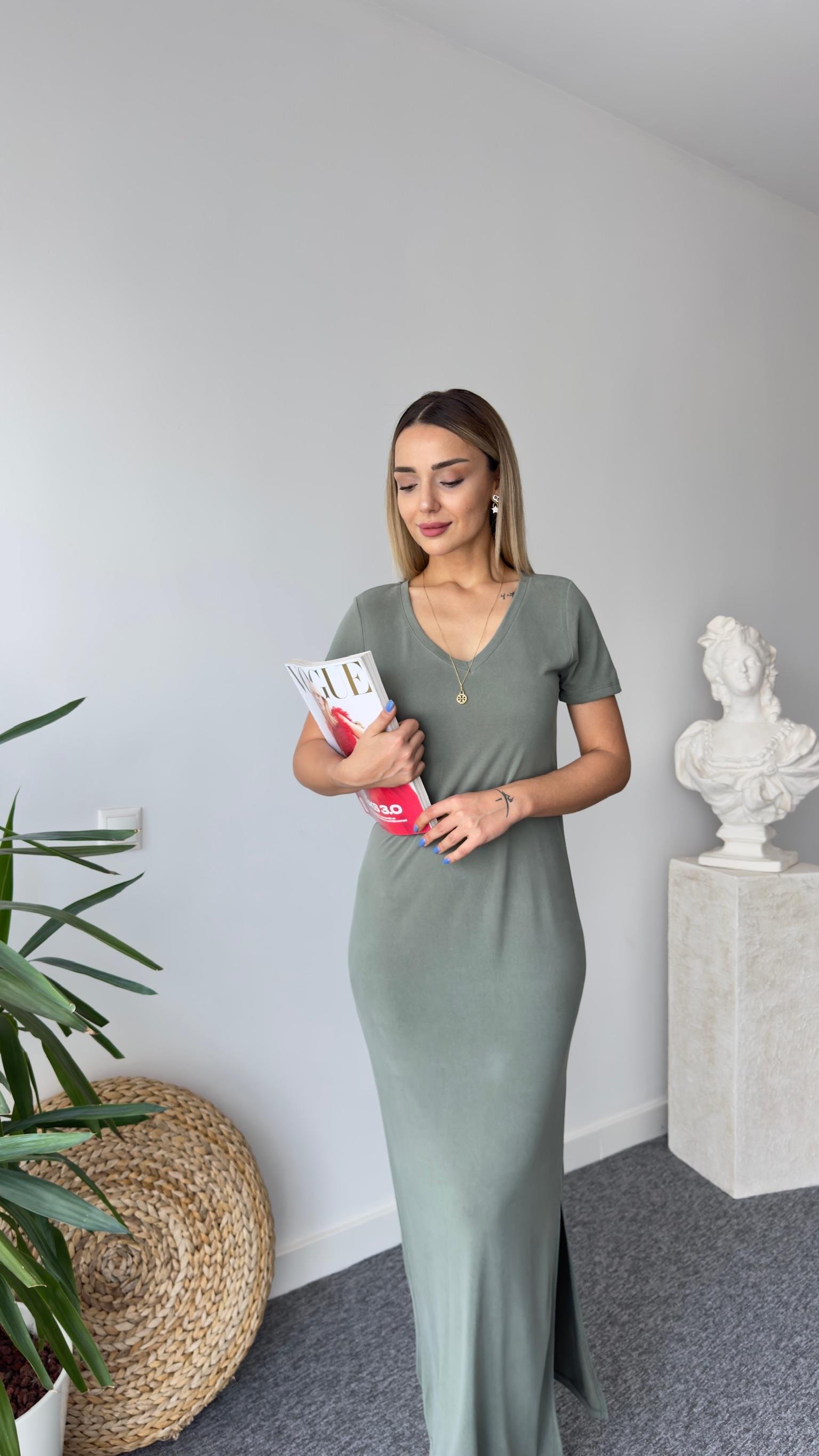 Osi V Yaka Haki Modal Elbise