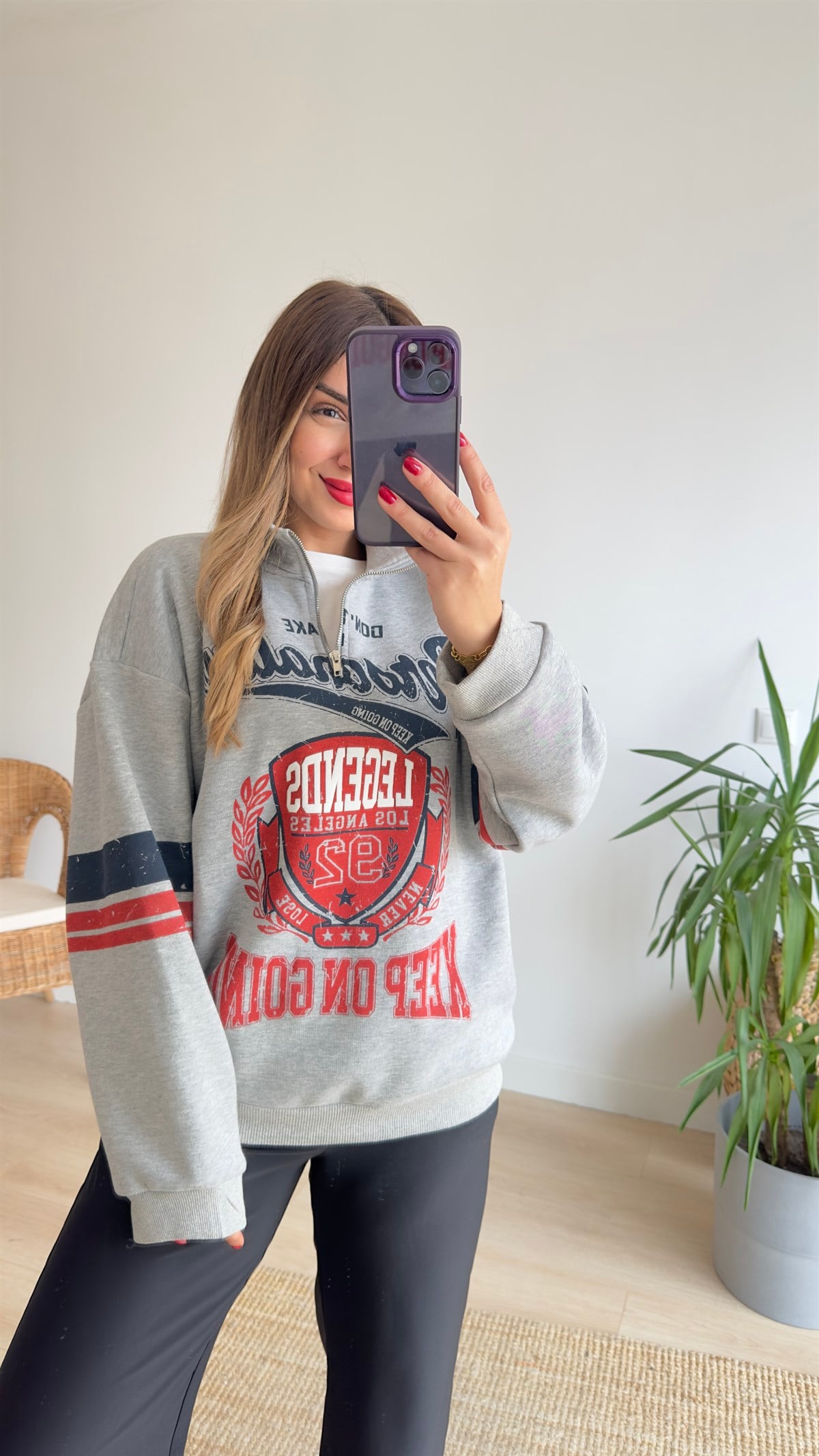 Yarım Fermuar Baskılı Gri Sweat
