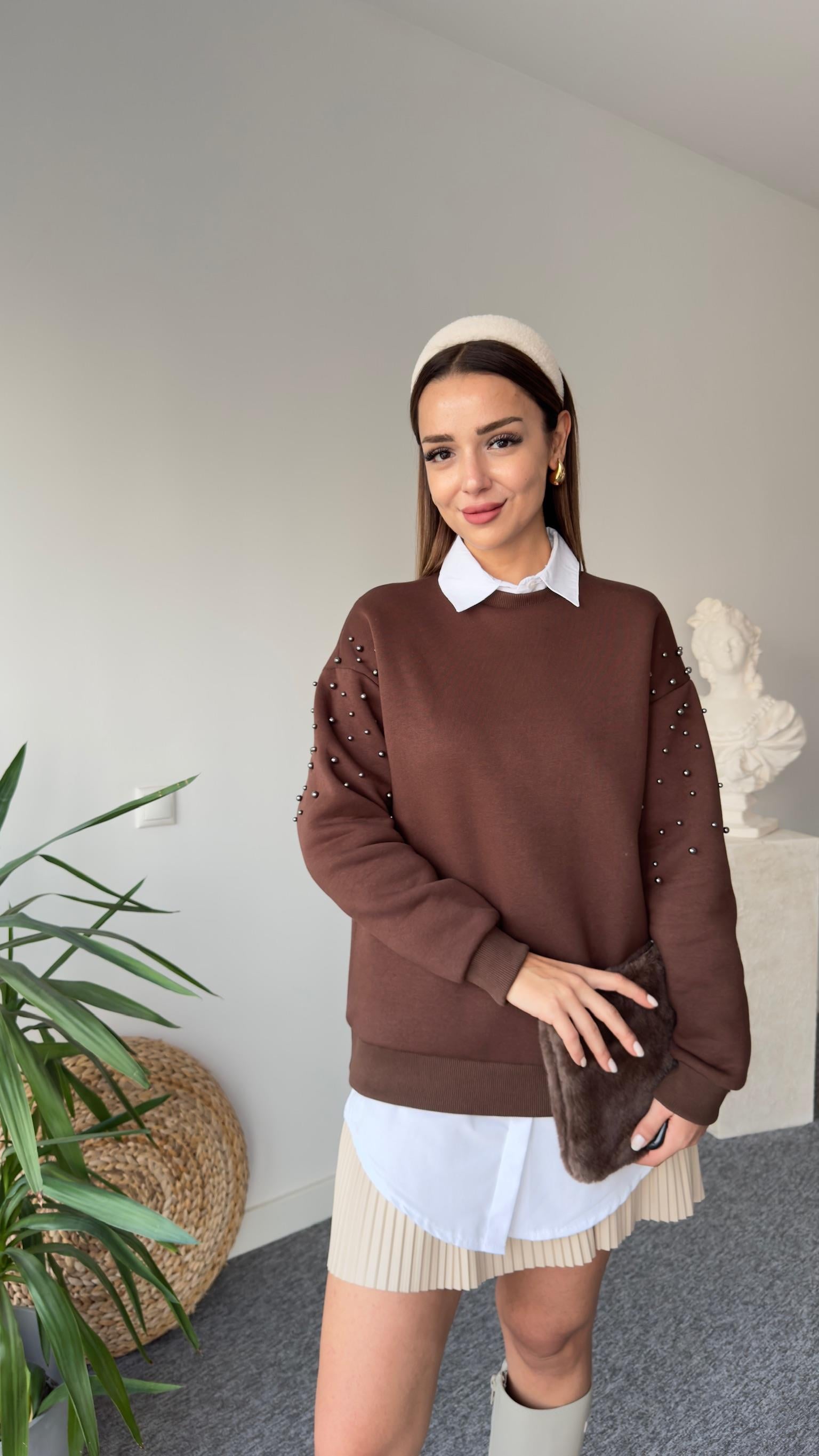 Kahve Kollar Boncuk Detay Sweat