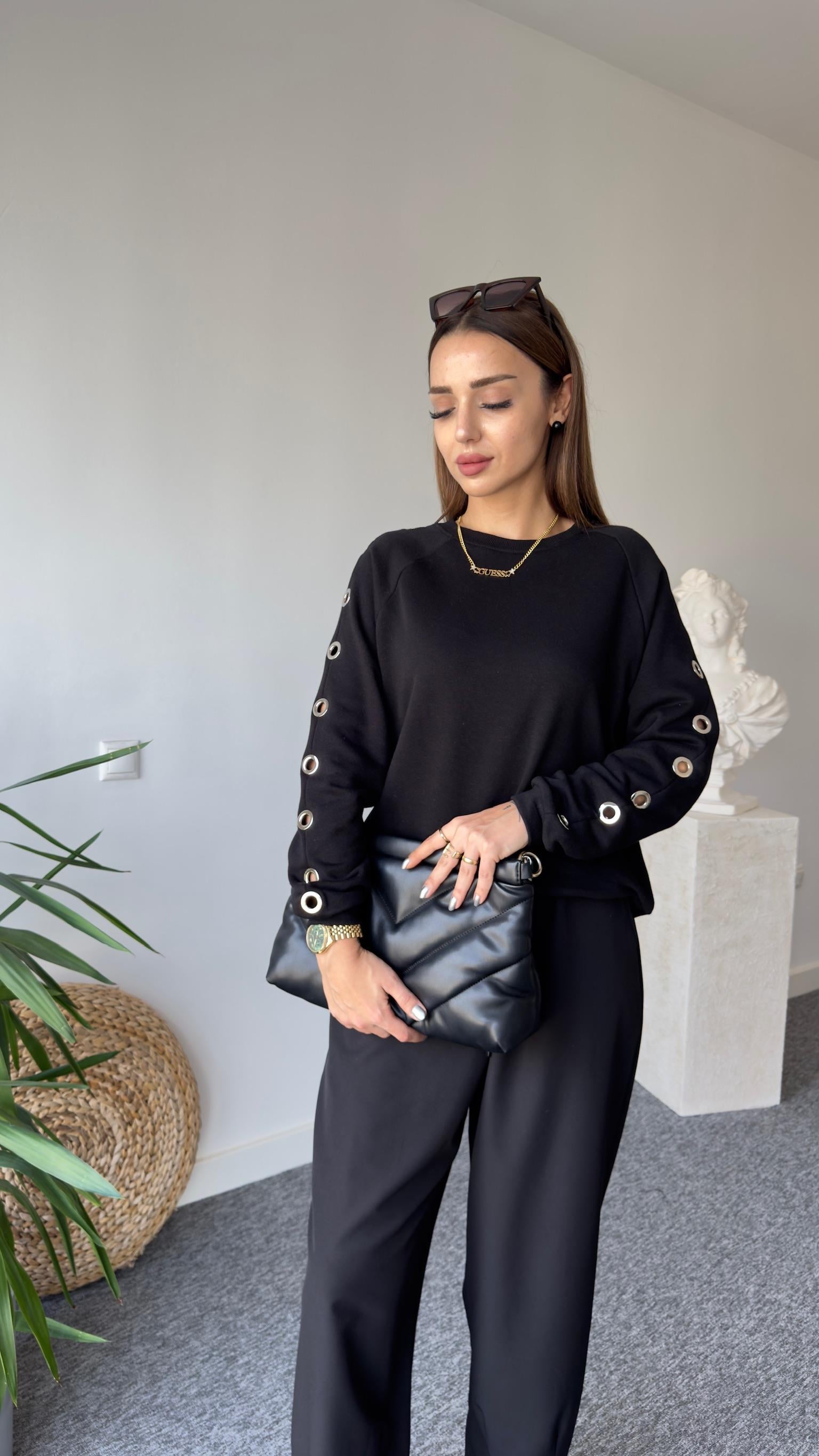 Orj Model Kollar Kuş Gözü Detay Siyah Sweat 