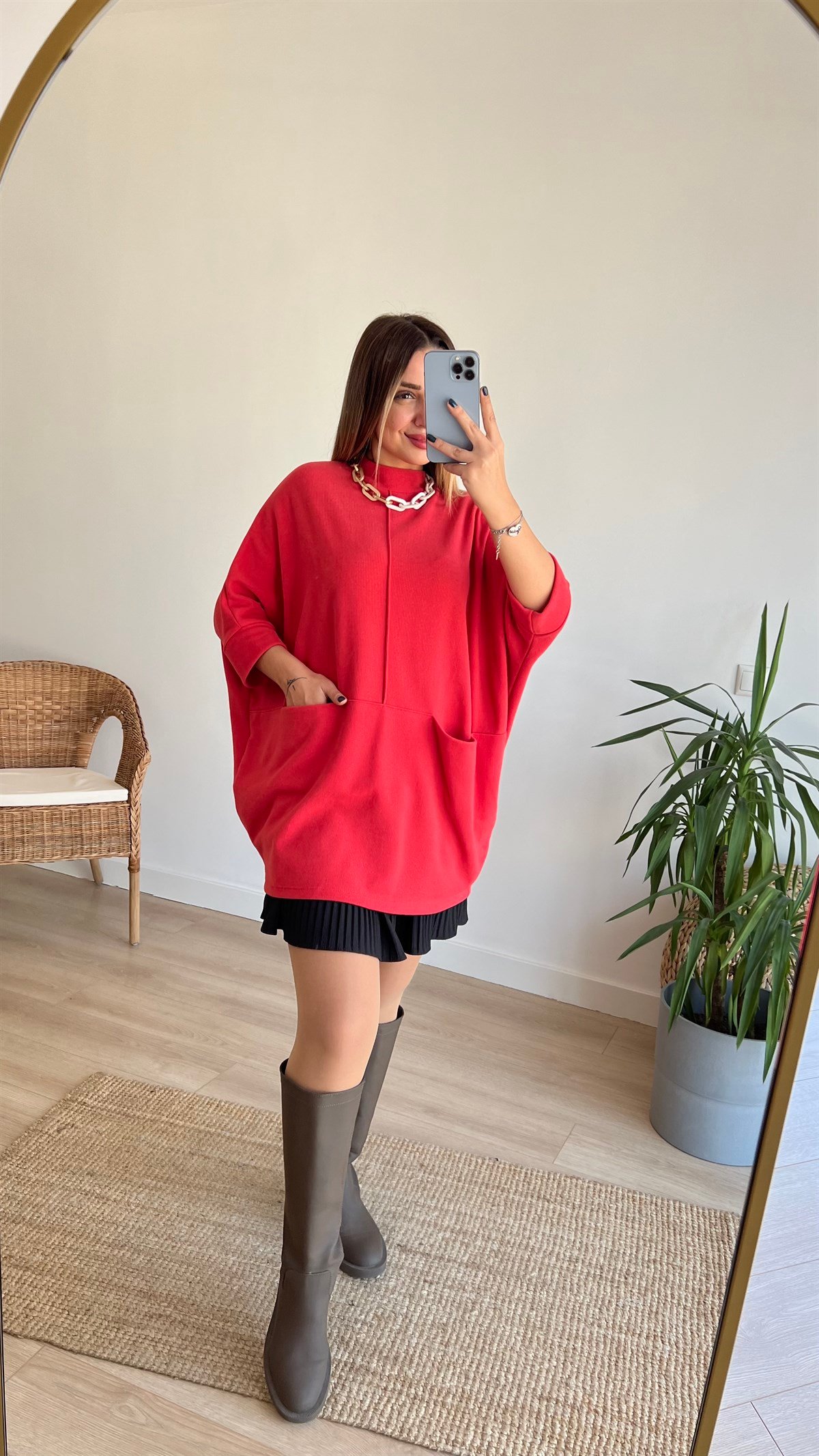 Önden Cepli Nar Çiçeği Tunik