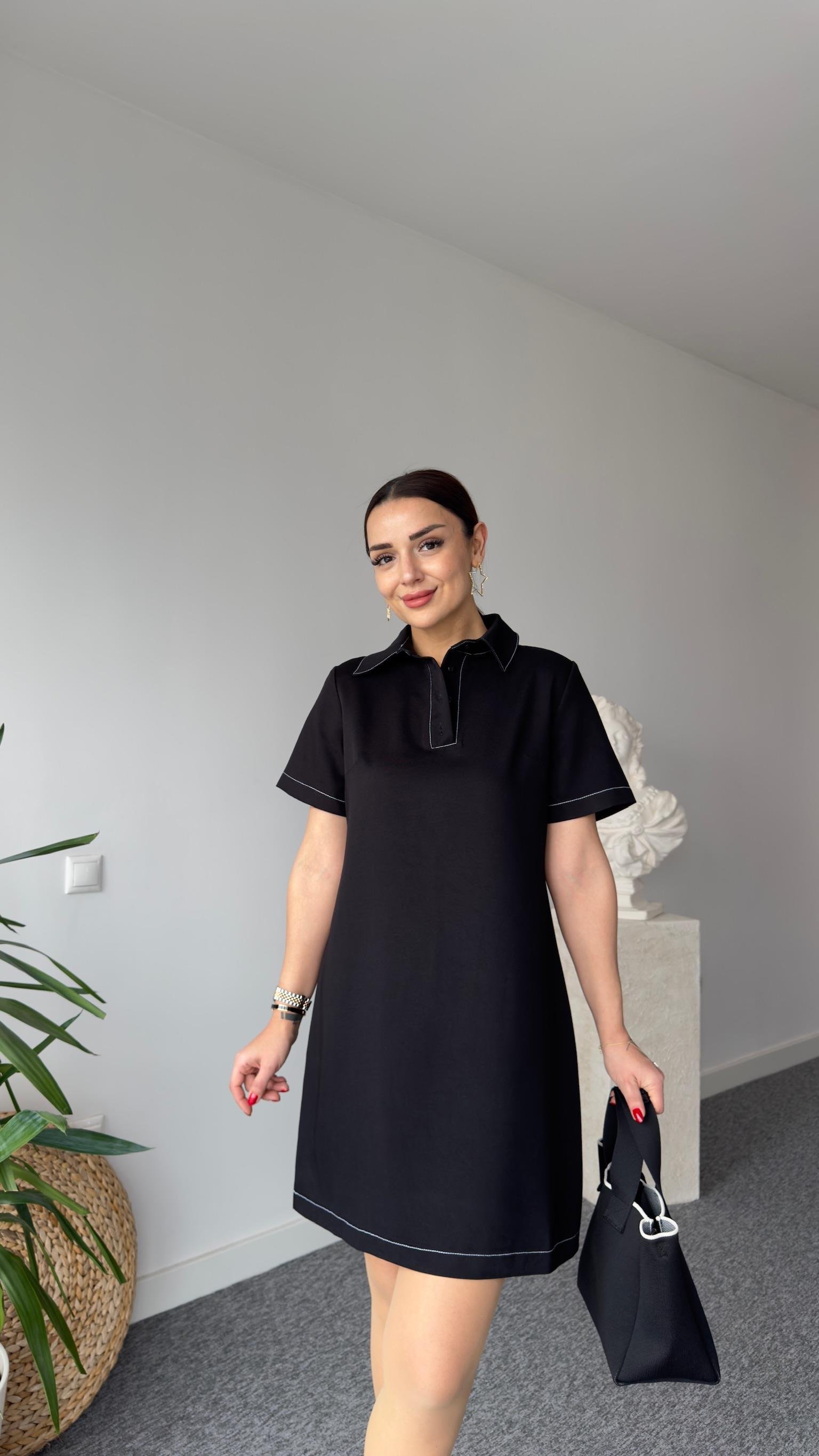 Dikiş Detaylı Polo Yaka Siyah Basic Elbise 