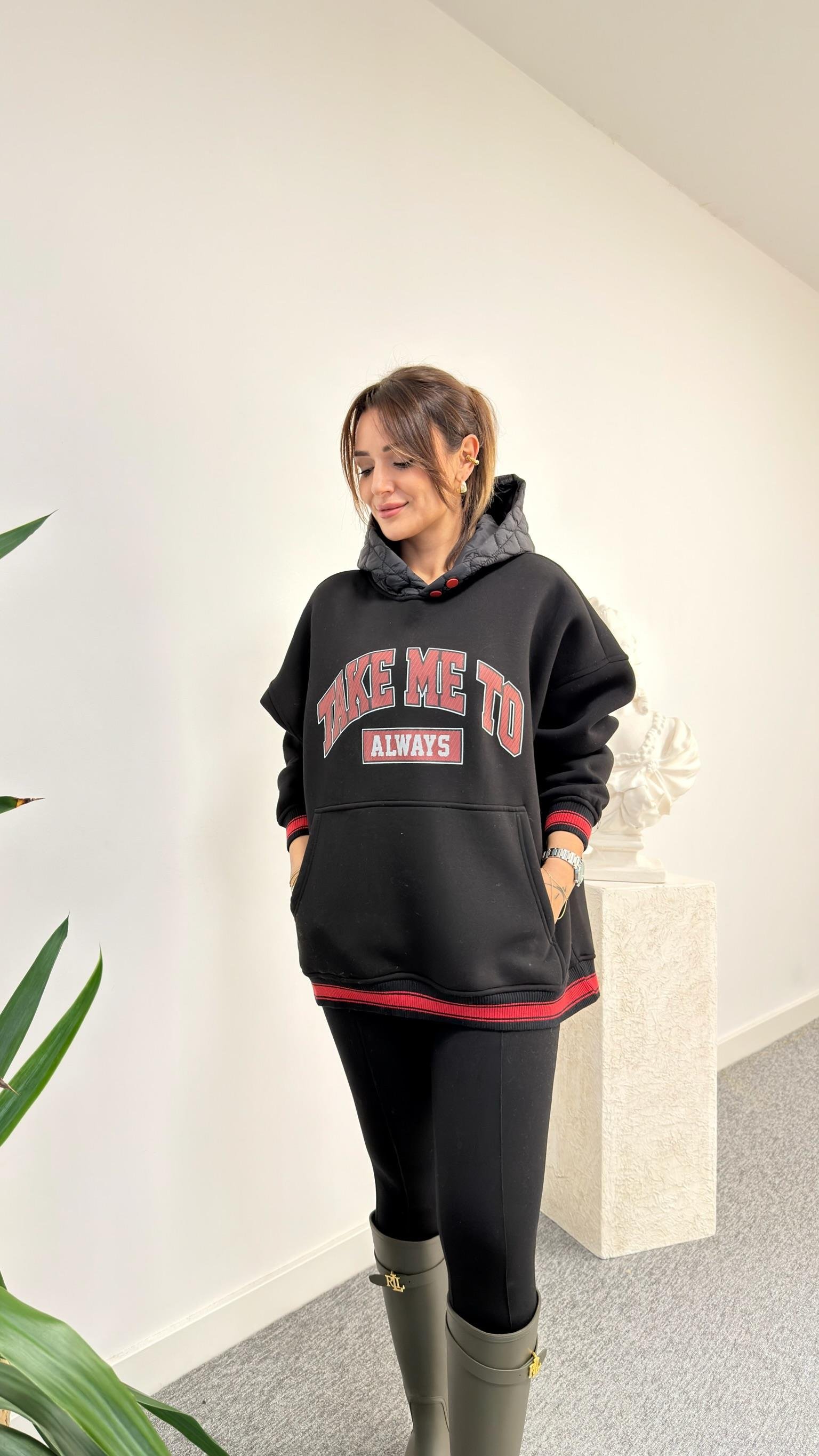 Eddy Yazılı Kapitone Kapüşonlu Siyah Sweatshirt