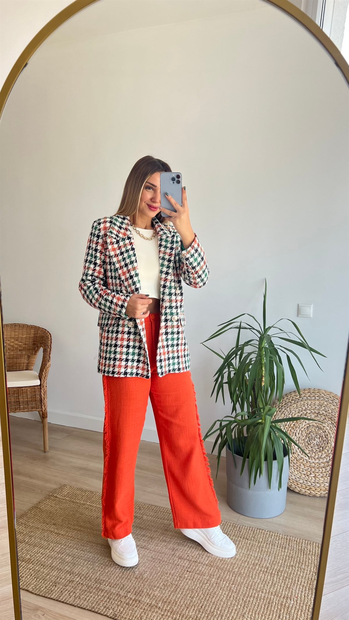 Turuncu Ekose Blazer Ceket