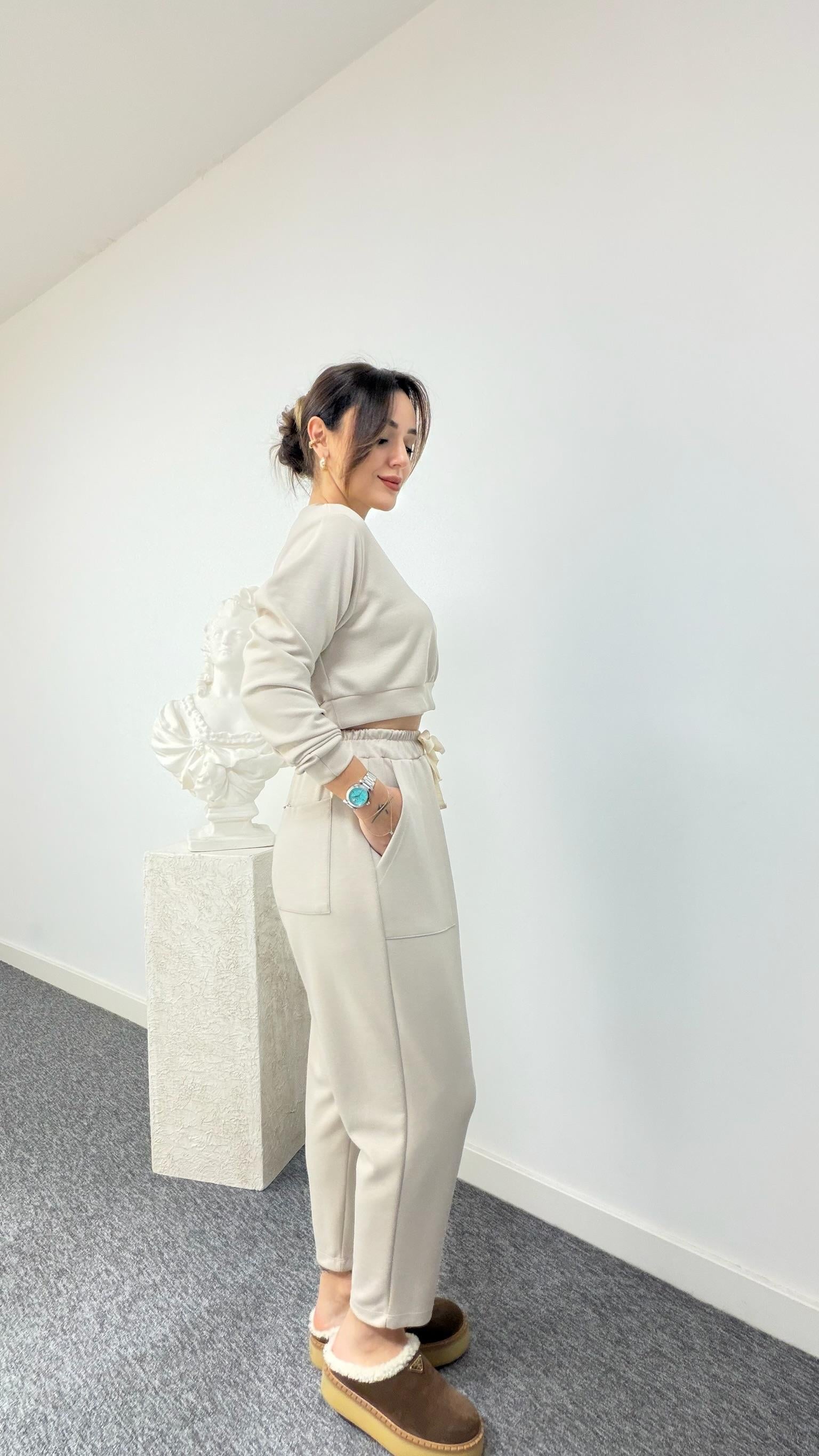 Bej Crop Sweat Modal Takım