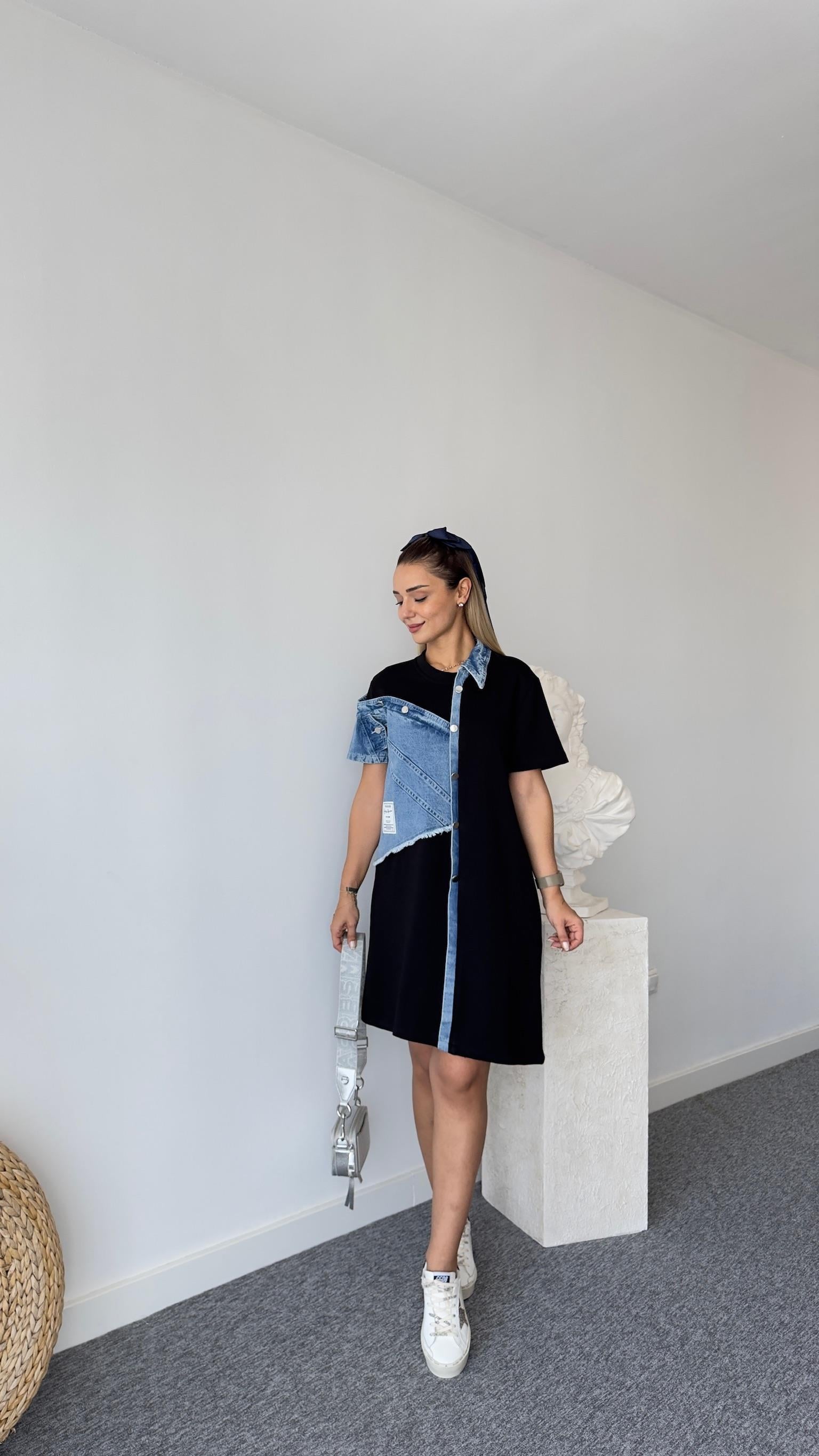 Lowel Jean Detaylı Tasarım Siyah Elbise 