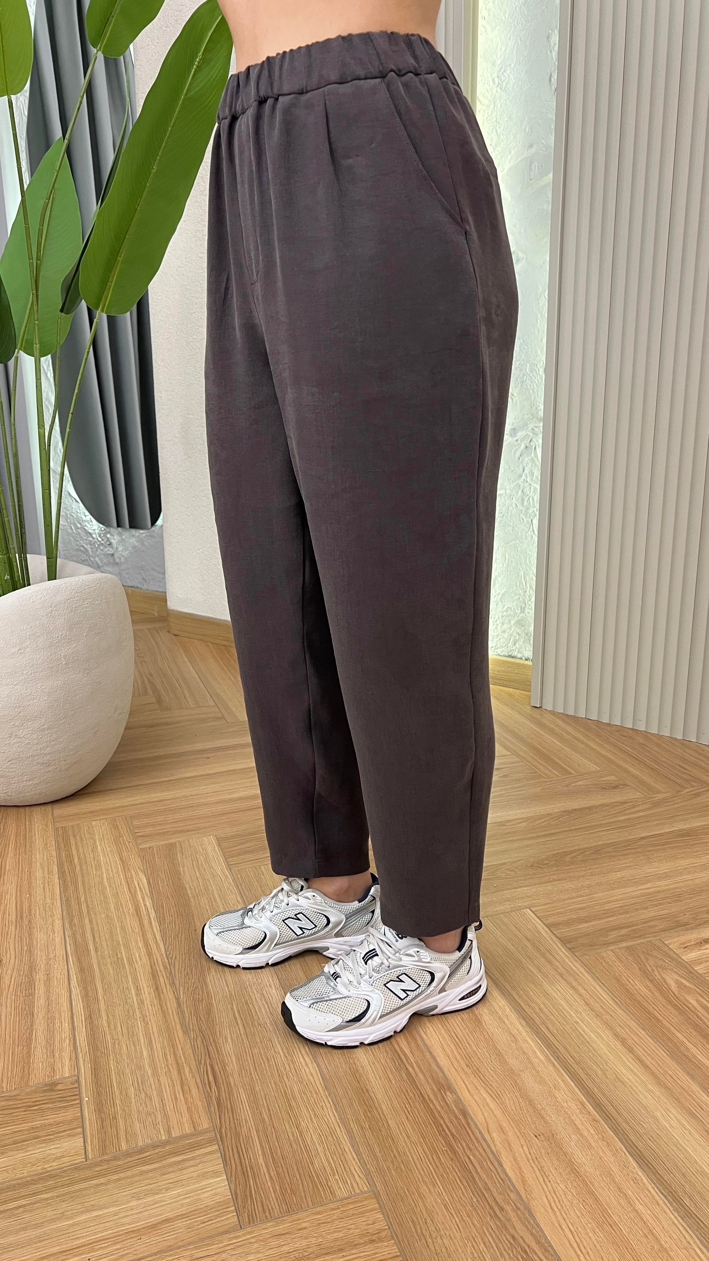 Kahve Lyocell Kumaş Bel Lastikli Pantolon