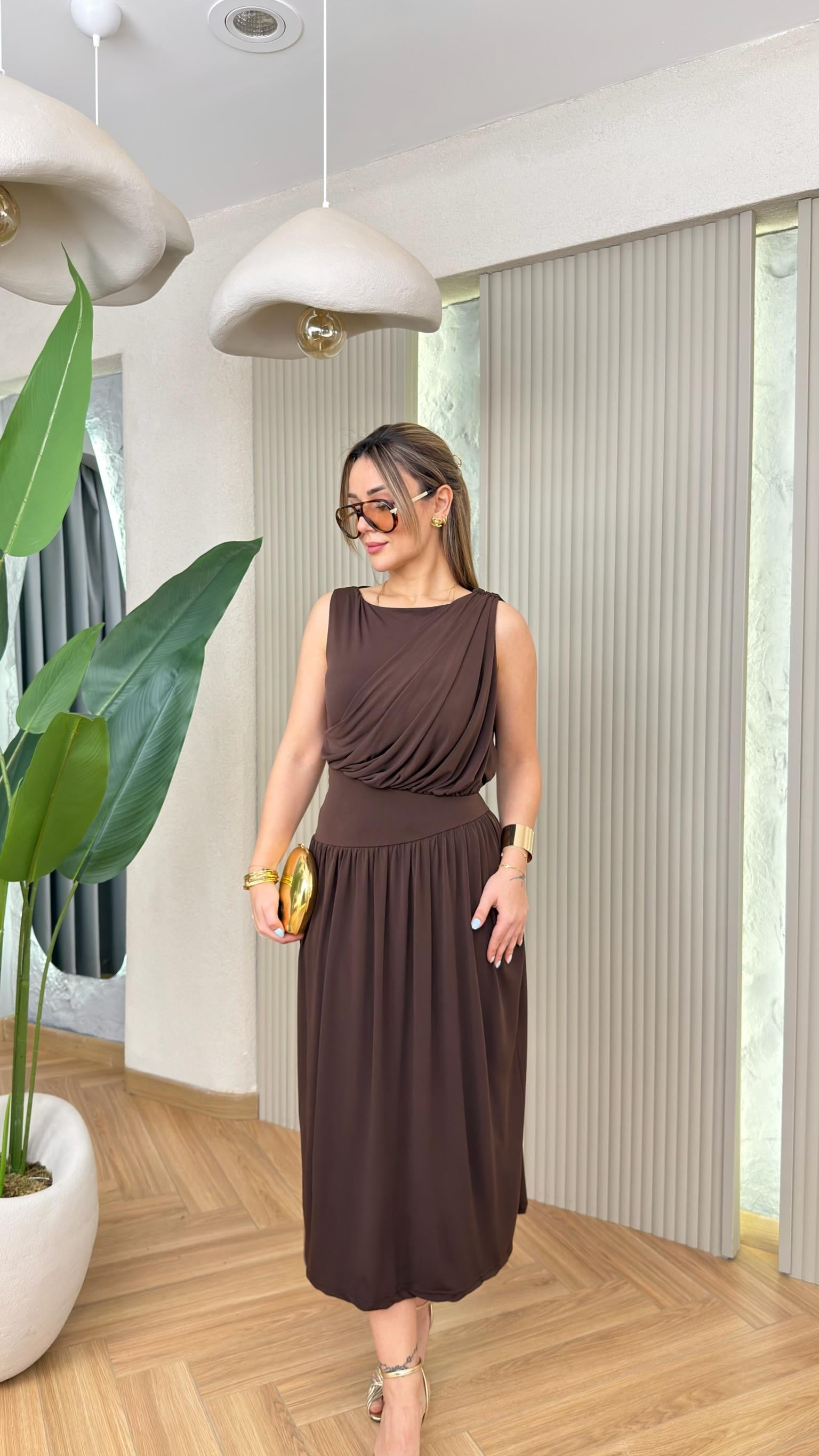 Kahve Tarcia Bel Detaylı Zra Model Elbise 