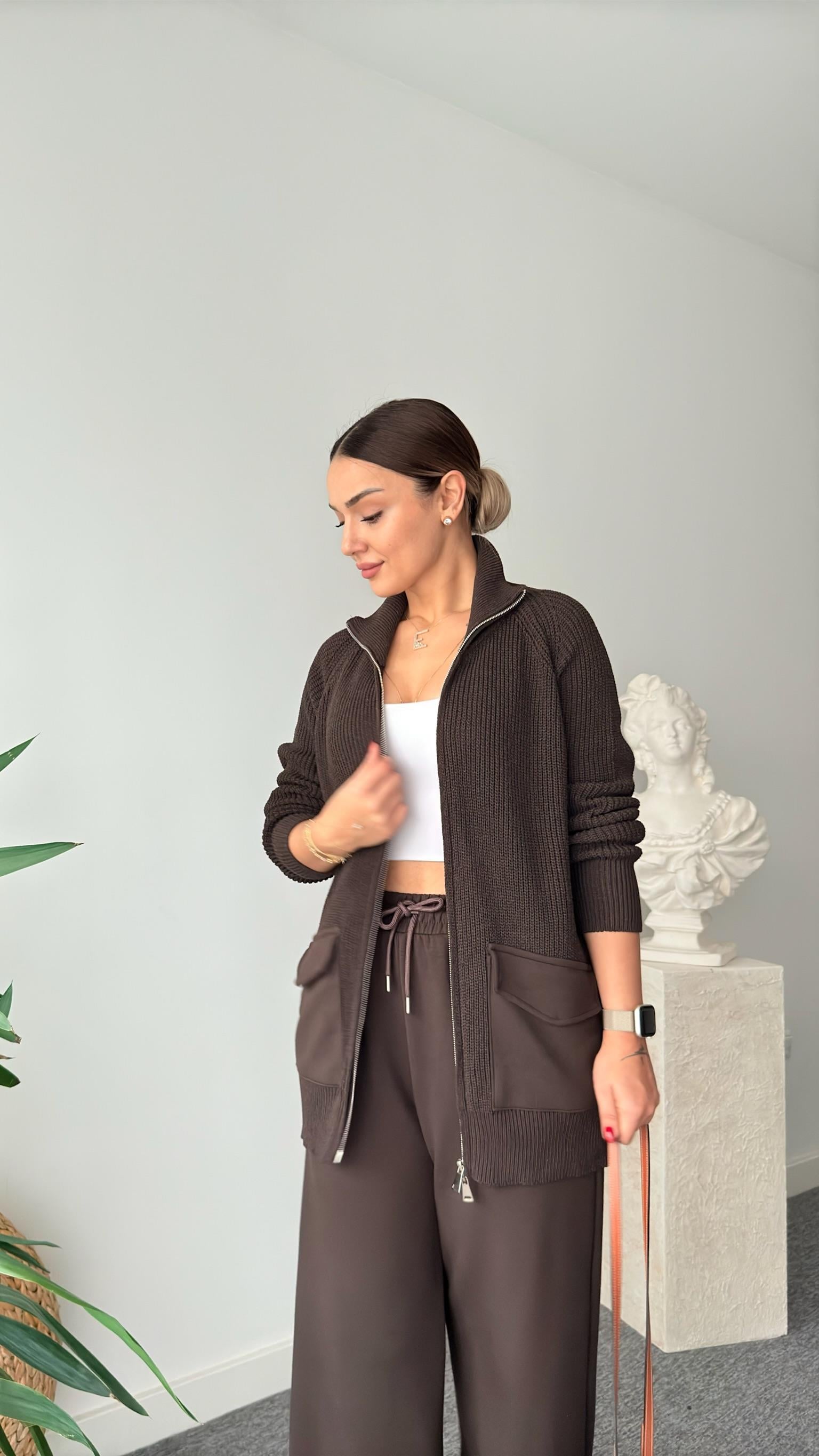 Kahve Triko Modal Mixli Tasarım Takım