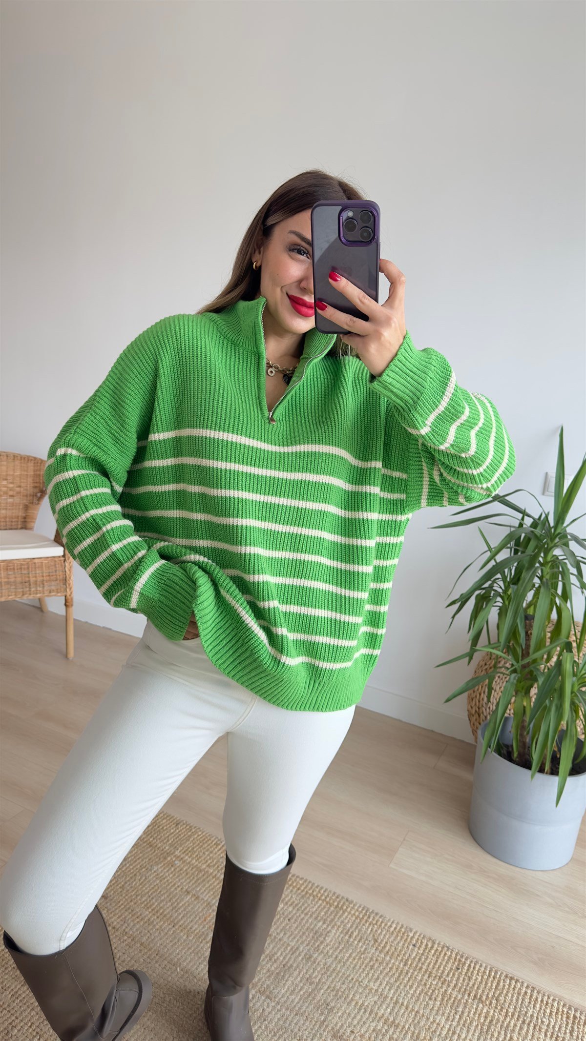 Çizgili Yeşil Fermuarlı Kazak