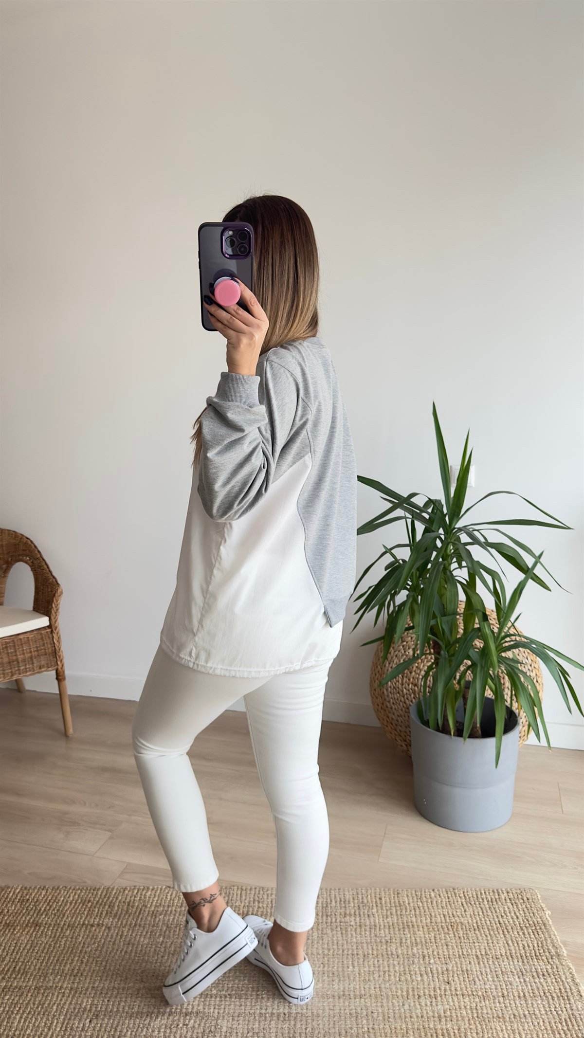 Poplin Detaylı Gri Sweat