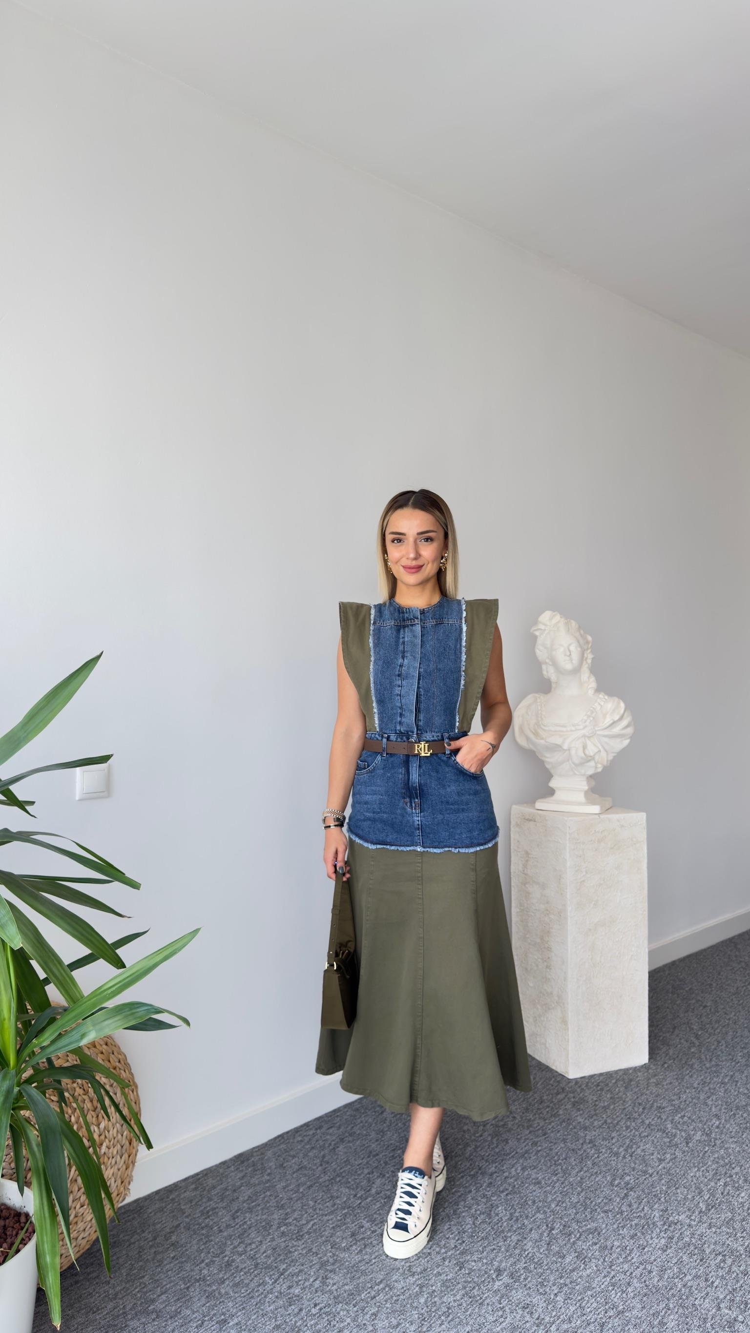 Haki Geçişli Tasarım Denim Elbise 