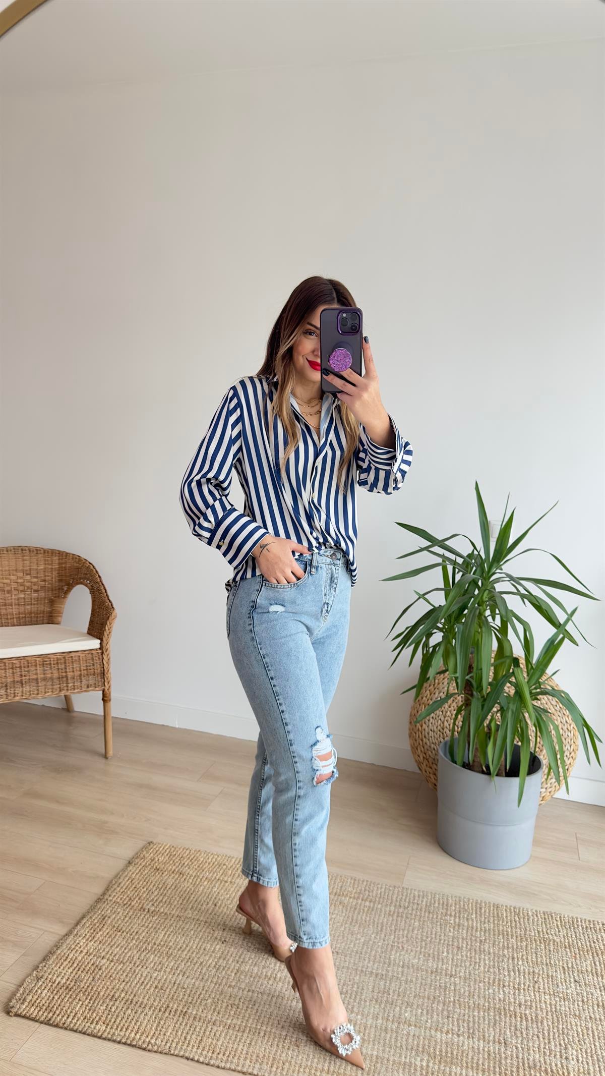 Zra Model Lacivert Çizgili Gömlek 