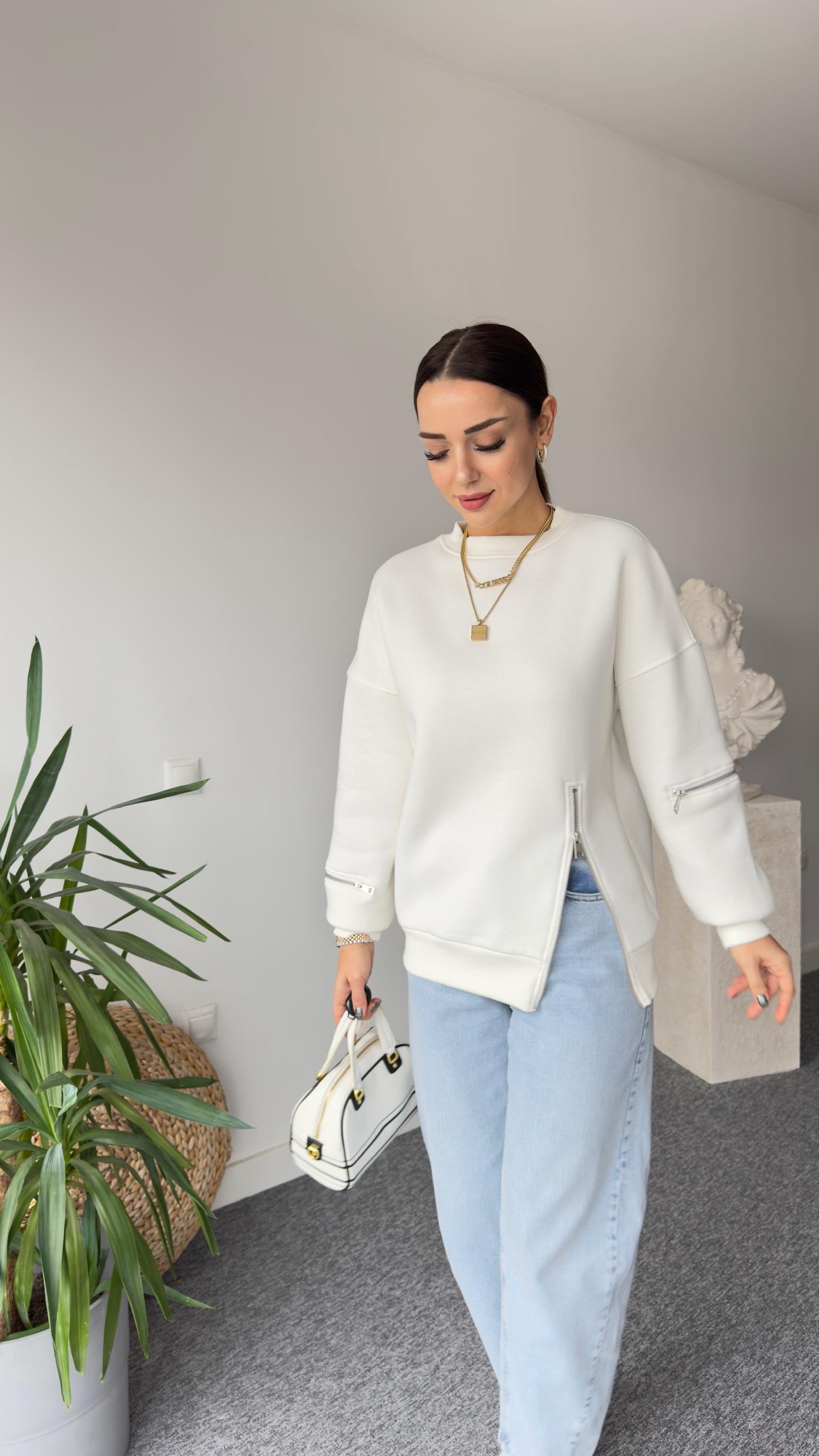 Legra Fermuar Detaylı Beyaz Sweatshirt