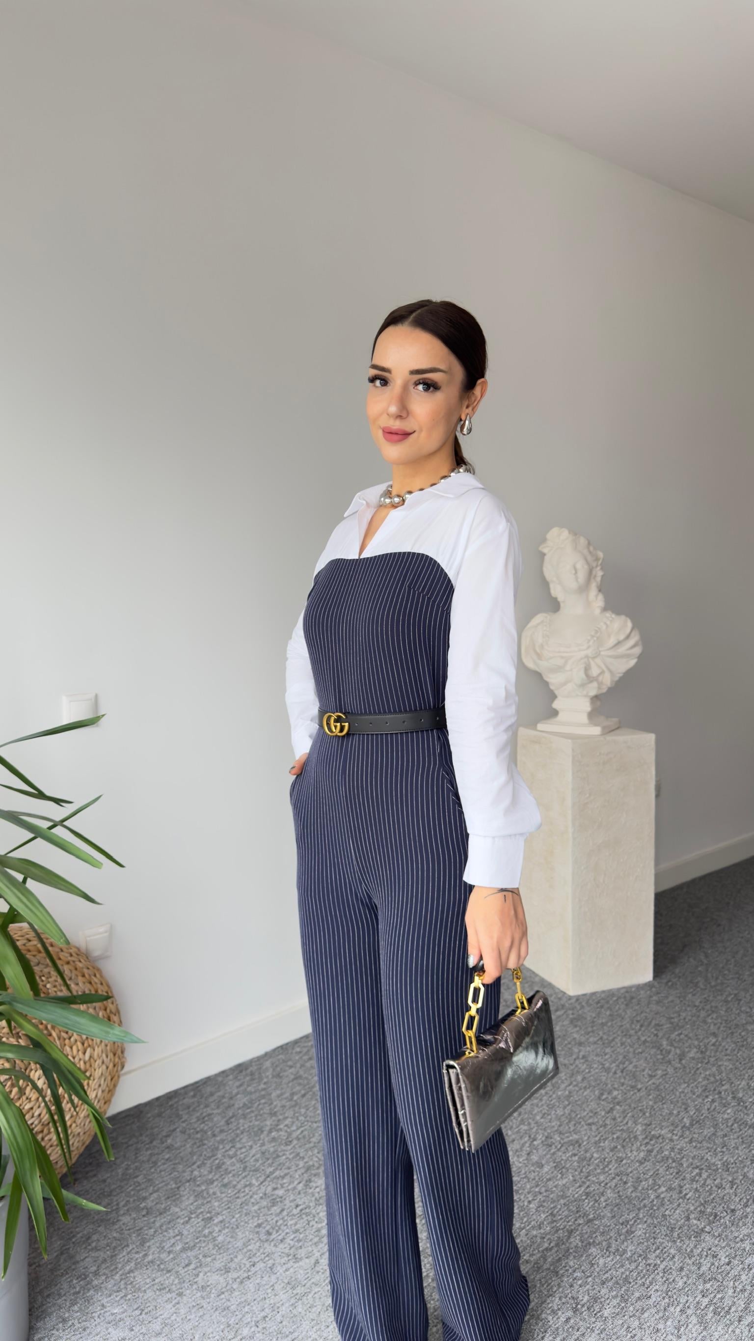 Navy Gömlek Garnili Çizgili Tulum
